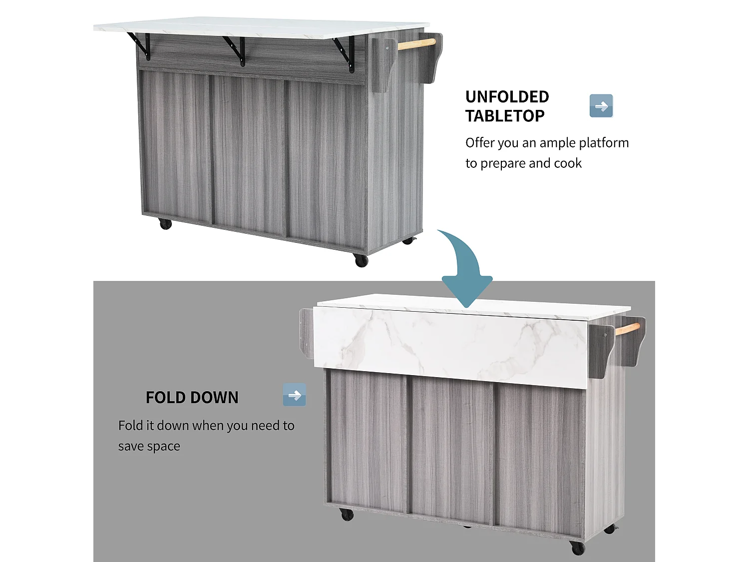 Kitchen island with 3 drawers and storage doors - Extendable top - Casters or wooden legs - Gray
