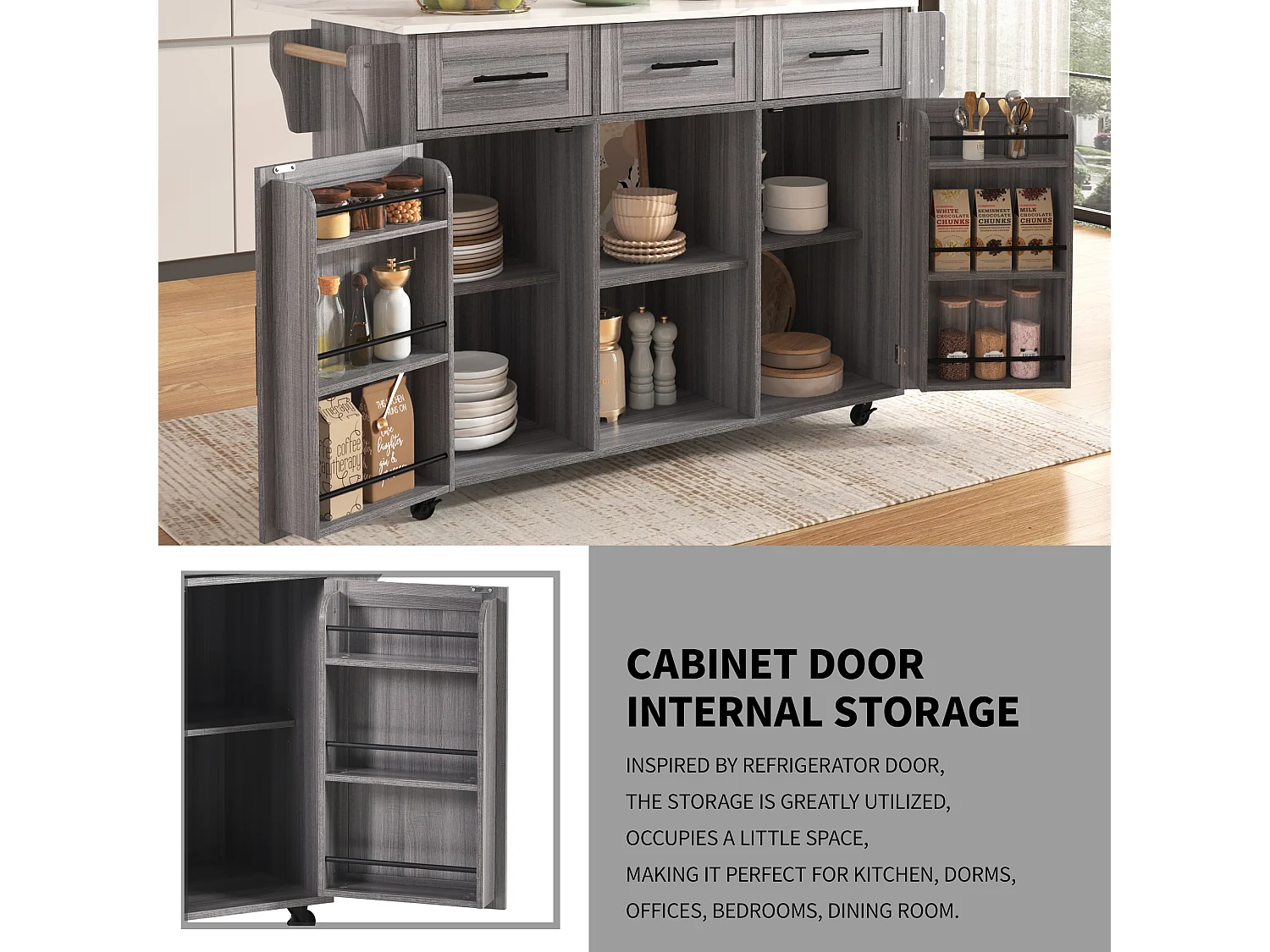 Kitchen island with 3 drawers and storage doors - Extendable top - Casters or wooden legs - Gray