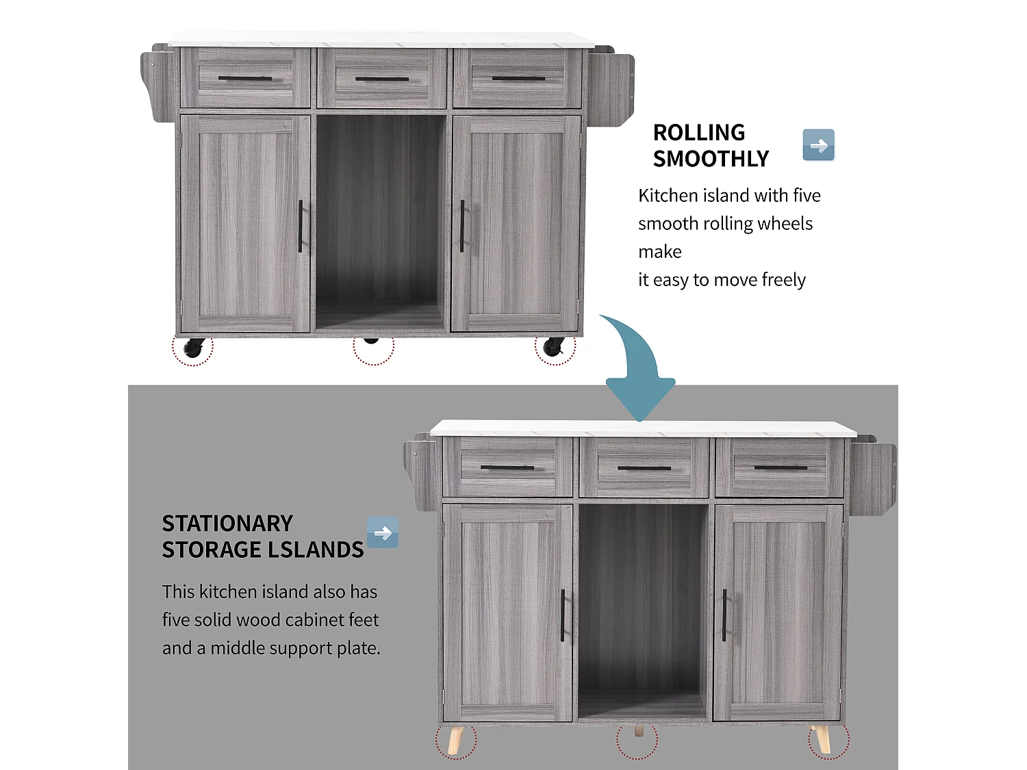 Kitchen island with 3 drawers and storage doors - Extendable top - Casters or wooden legs - Gray