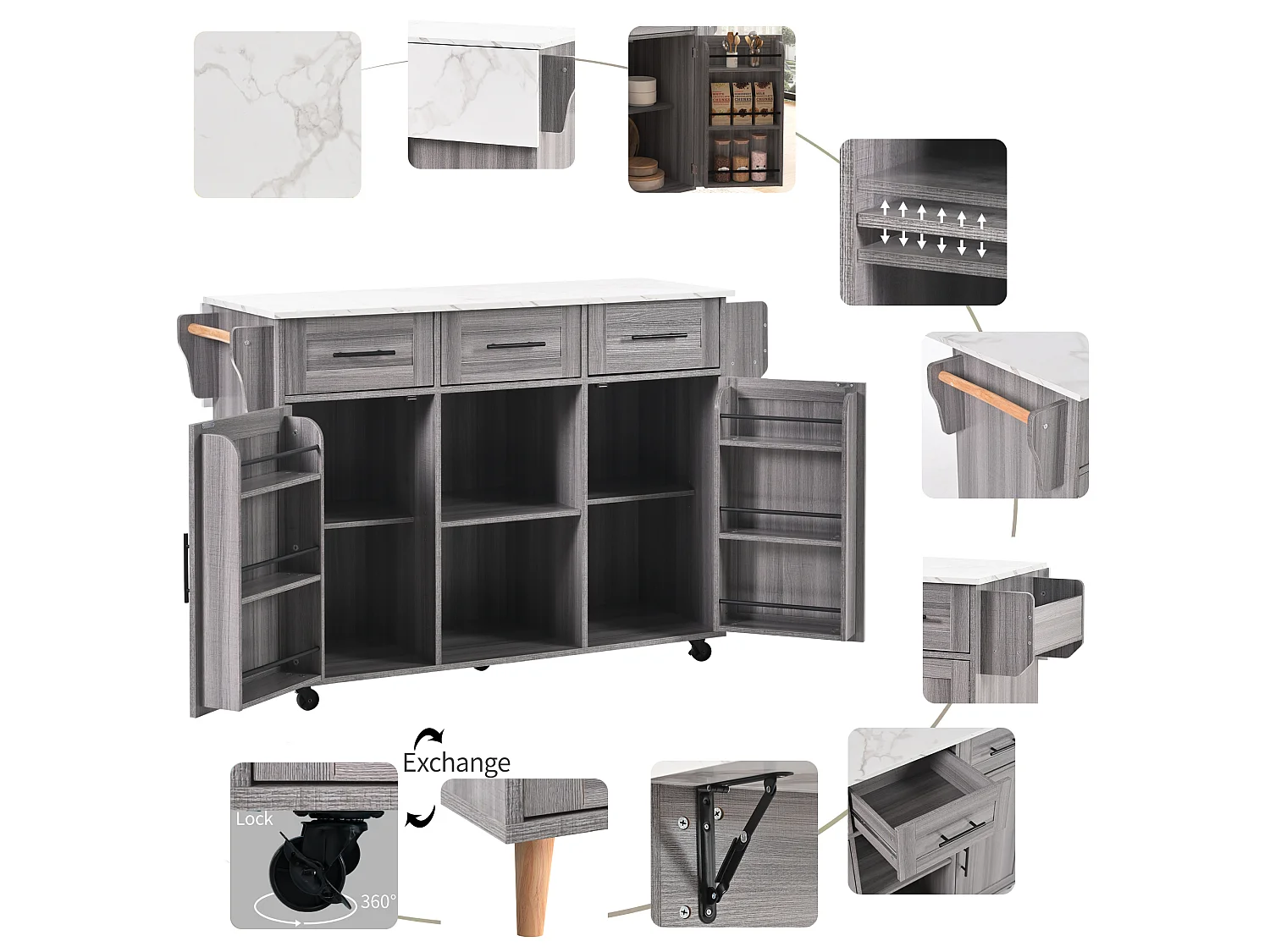 Kitchen island with 3 drawers and storage doors - Extendable top - Casters or wooden legs - Gray