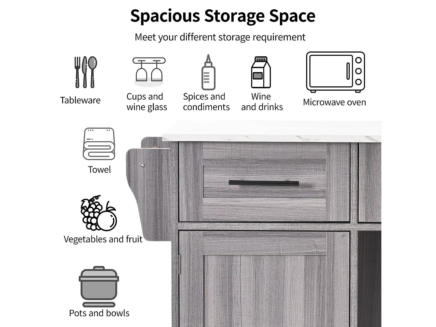 Kitchen island with 3 drawers and storage doors - Extendable top - Casters or wooden legs - Gray