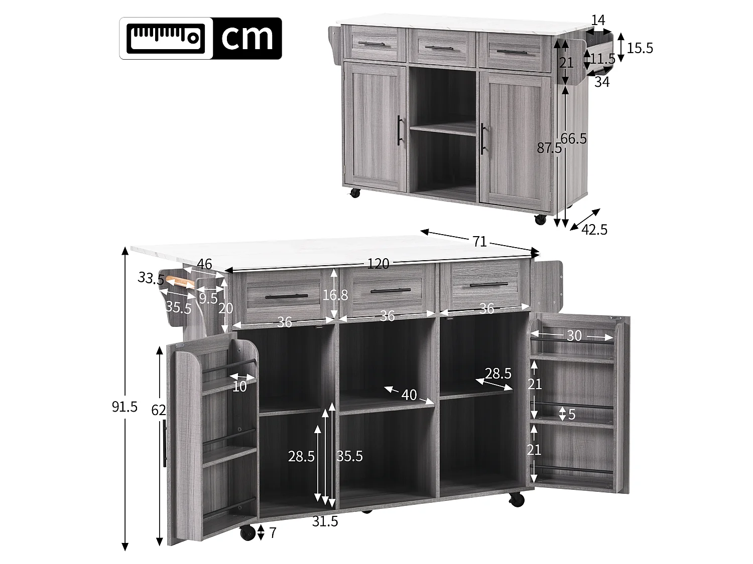 Kitchen island with 3 drawers and storage doors - Extendable top - Casters or wooden legs - Gray