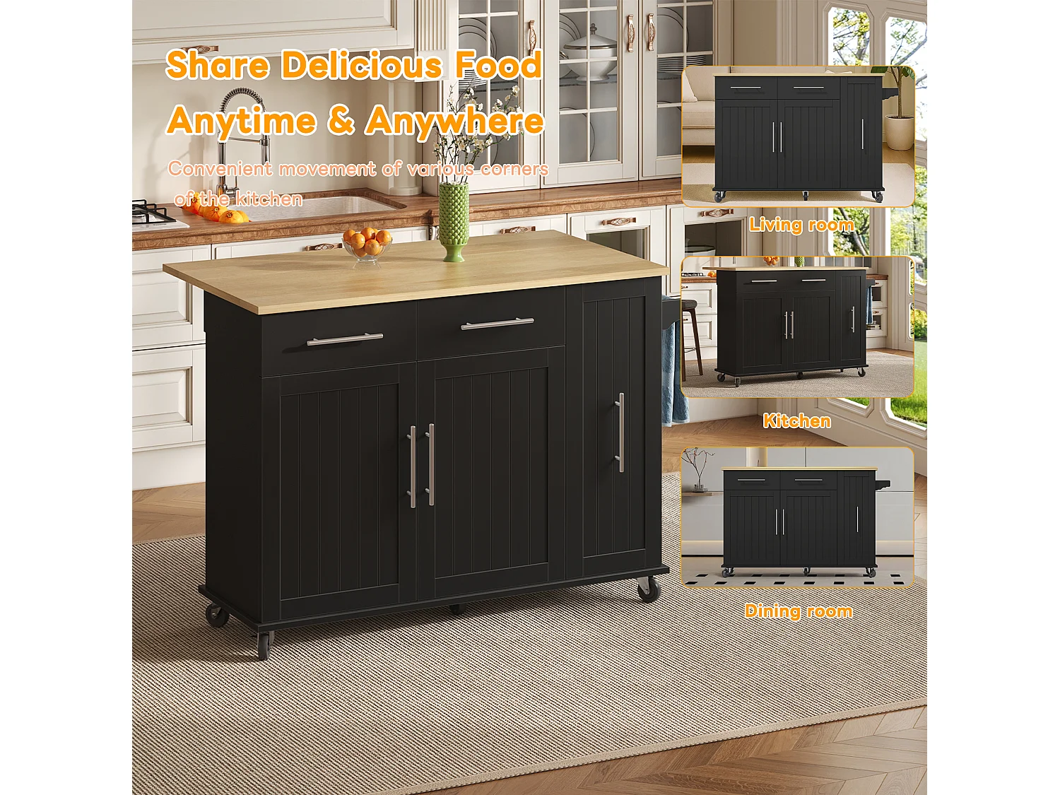 Mobile kitchen island - extendable top - 2 drawers and 2 doors - with towel rail - MDF - Black