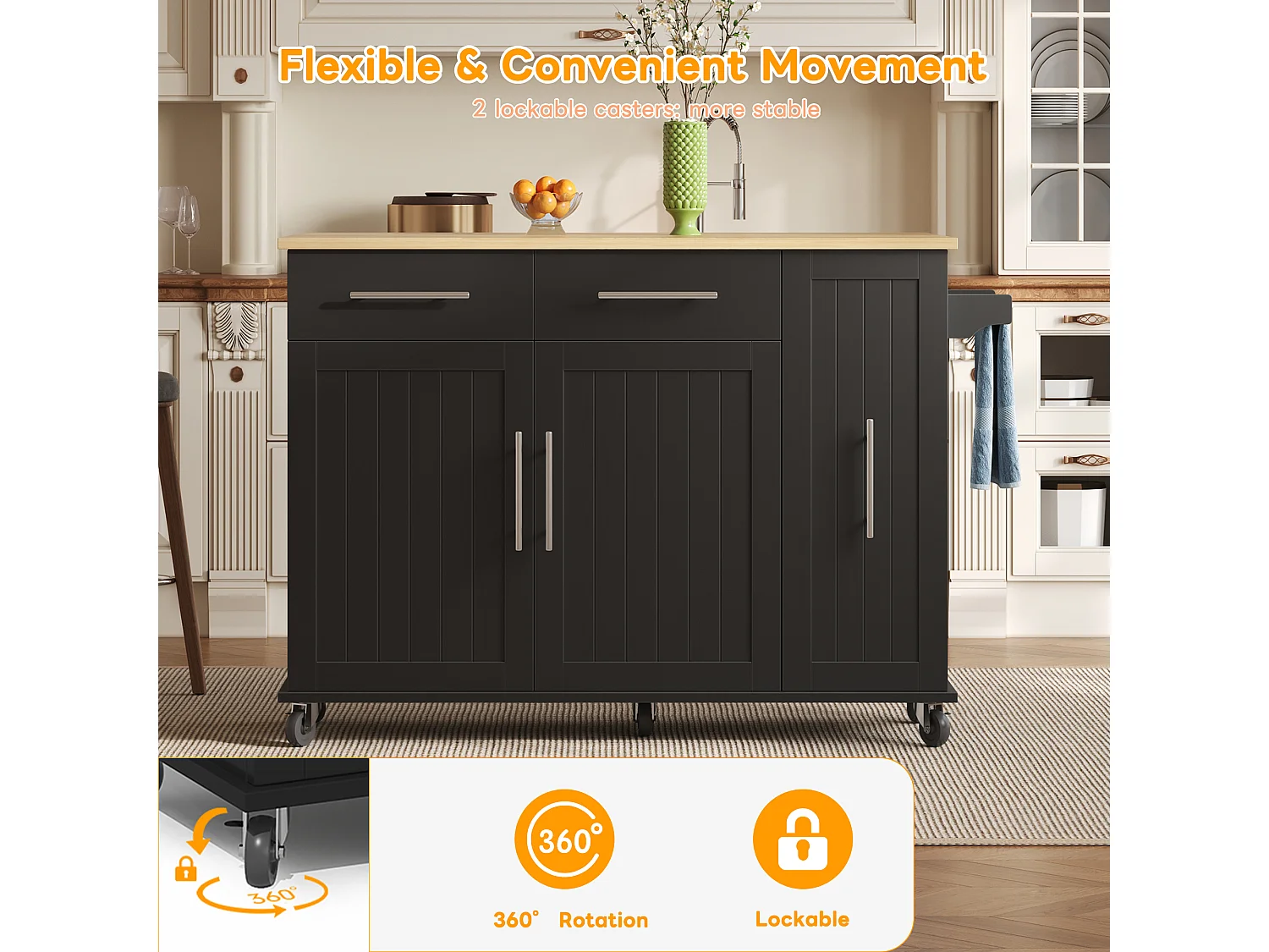 Mobile kitchen island - extendable top - 2 drawers and 2 doors - with towel rail - MDF - Black