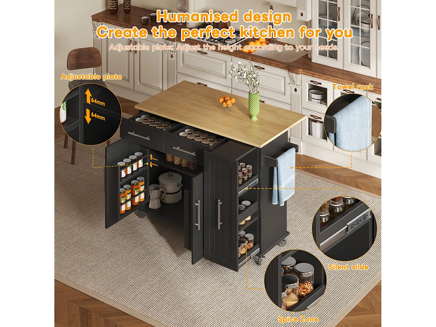 Mobile kitchen island - extendable top - 2 drawers and 2 doors - with towel rail - MDF - Black