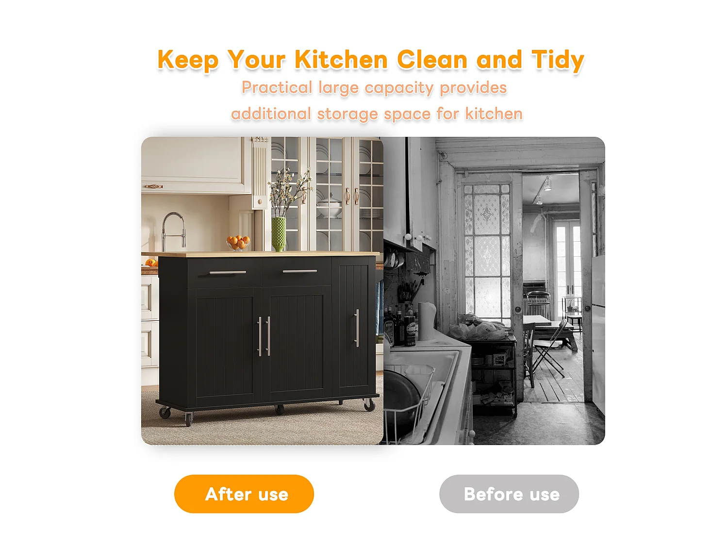Mobile kitchen island - extendable top - 2 drawers and 2 doors - with towel rail - MDF - Black