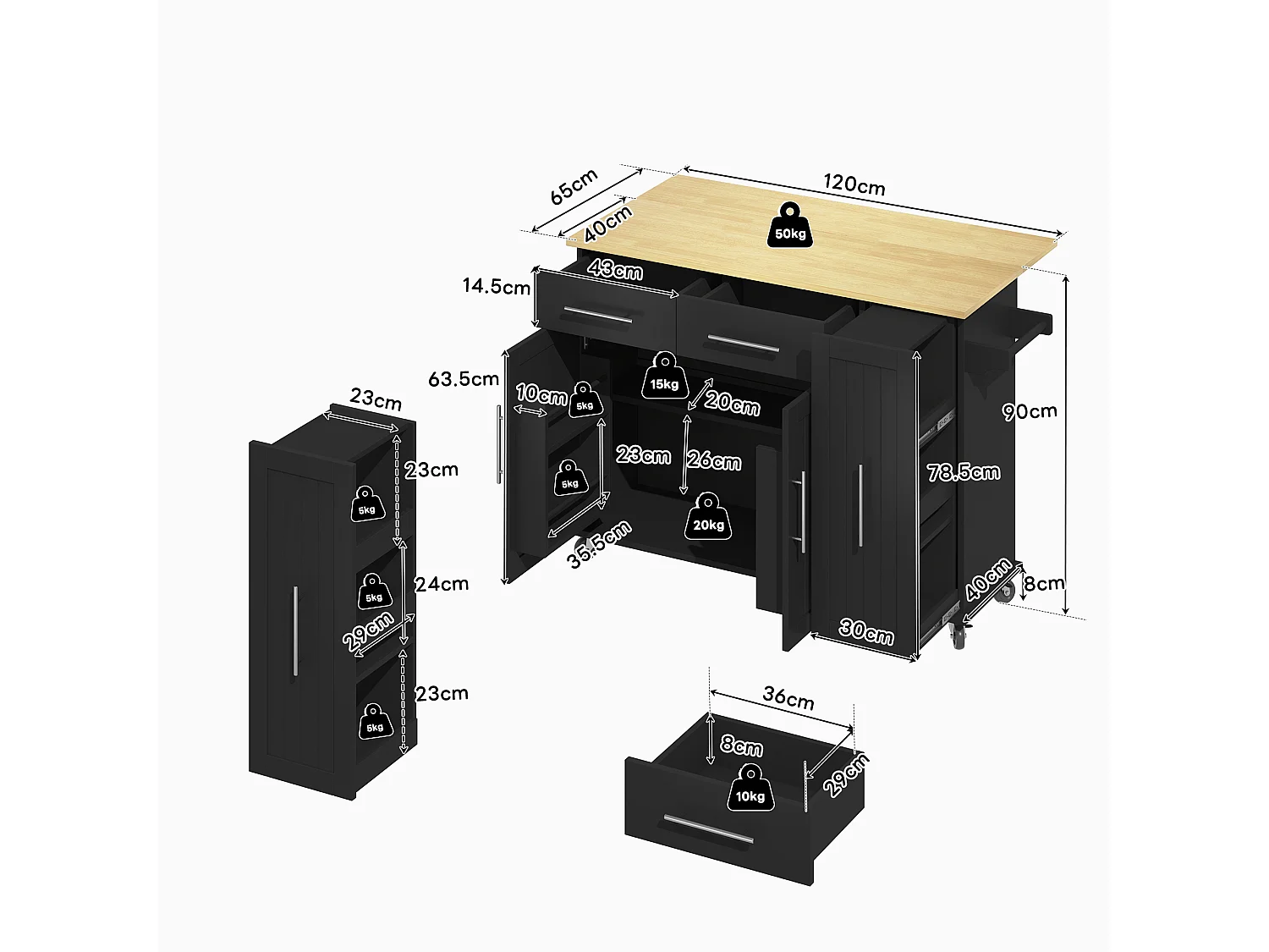 Mobile kitchen island - extendable top - 2 drawers and 2 doors - with towel rail - MDF - Black