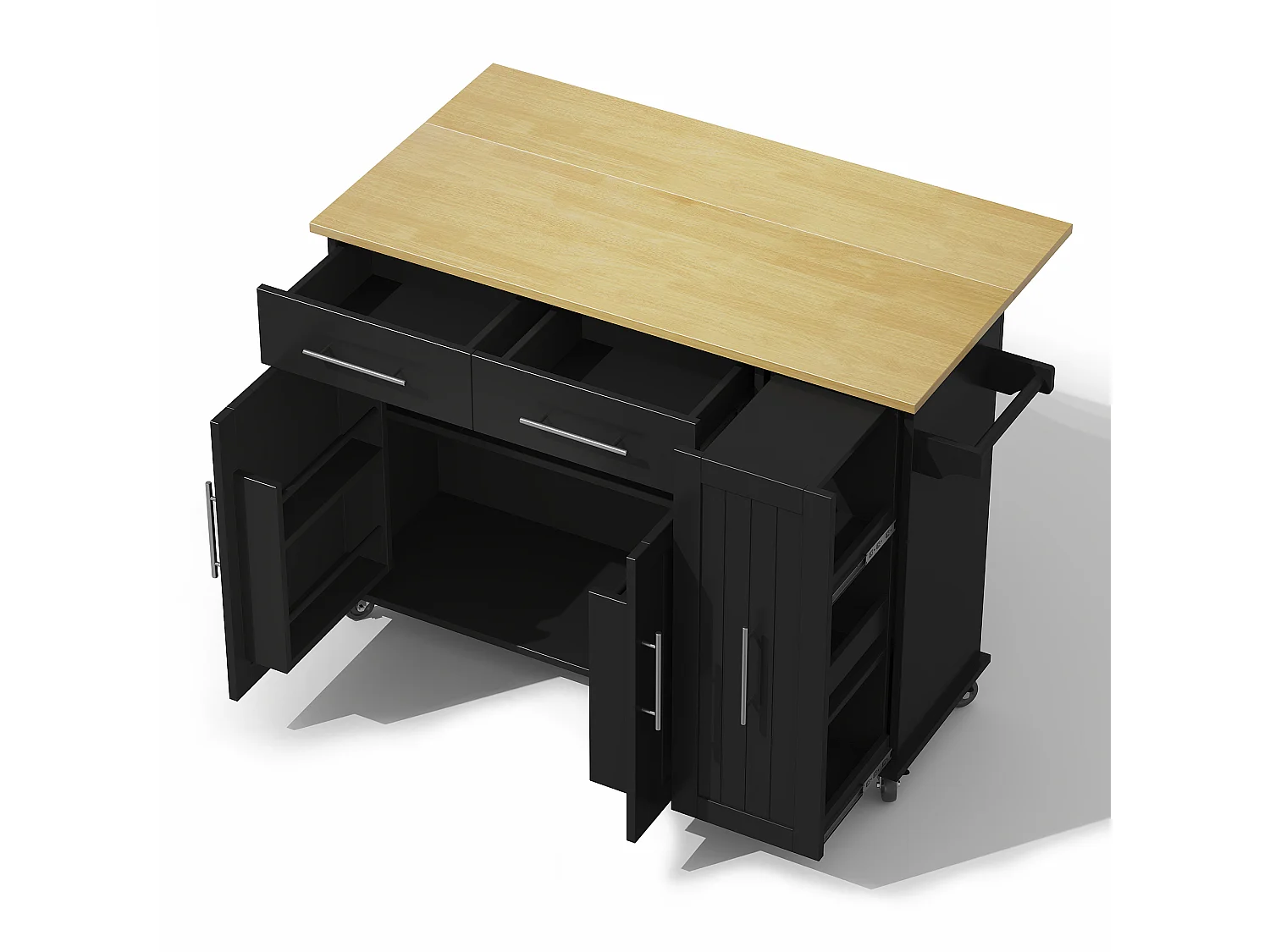 Mobile kitchen island - extendable top - 2 drawers and 2 doors - with towel rail - MDF - Black
