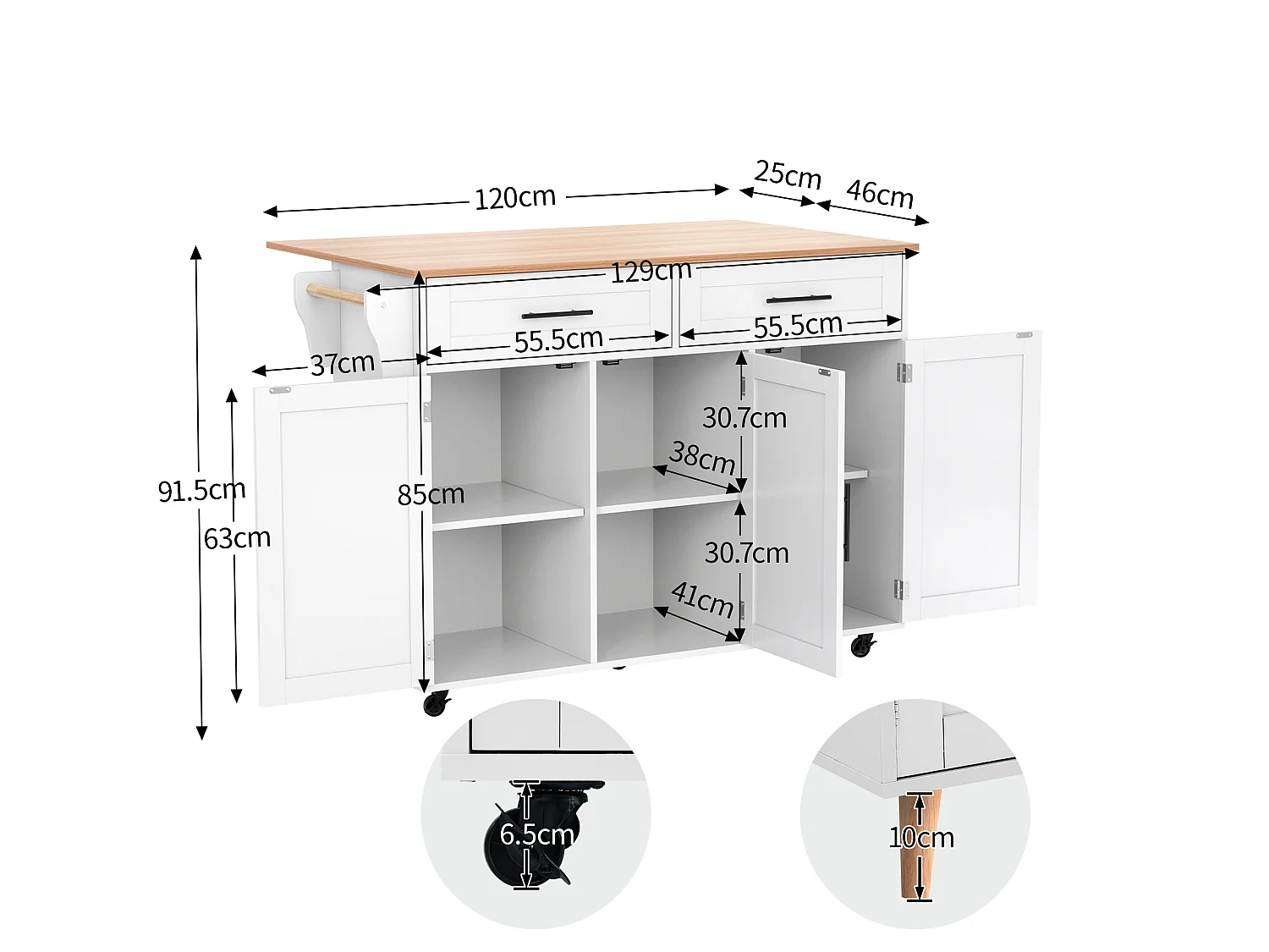 Kitchen island with 2 drawers - Extendable top - Casters or solid wood legs - White