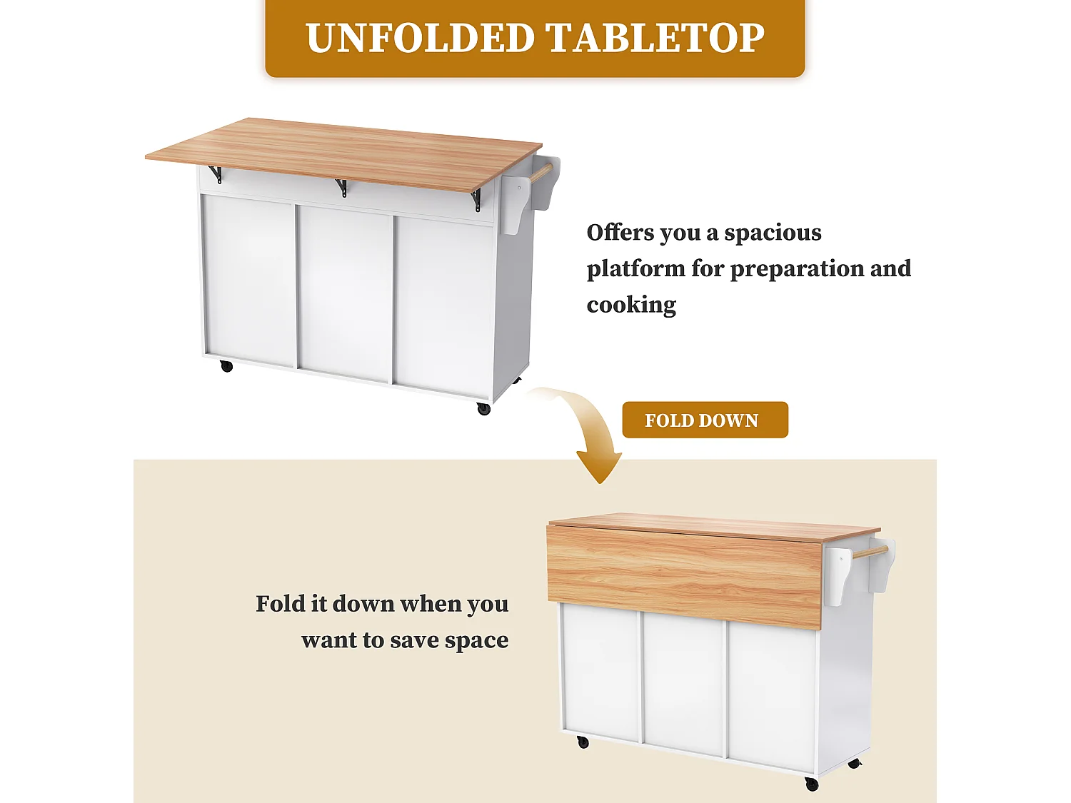 Kitchen island with 2 drawers - Extendable top - Casters or solid wood legs - White