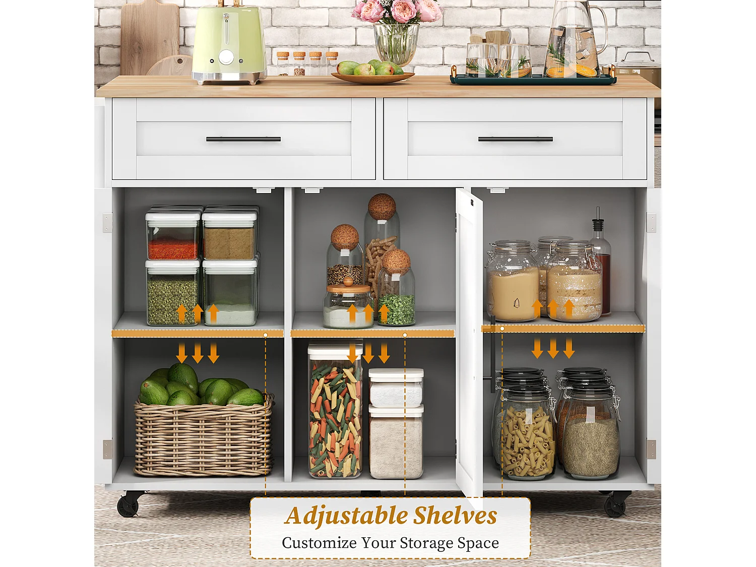 Kitchen island with 2 drawers - Extendable top - Casters or solid wood legs - White