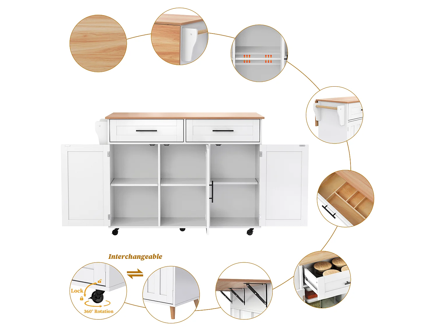 Kitchen island with 2 drawers - Extendable top - Casters or solid wood legs - White