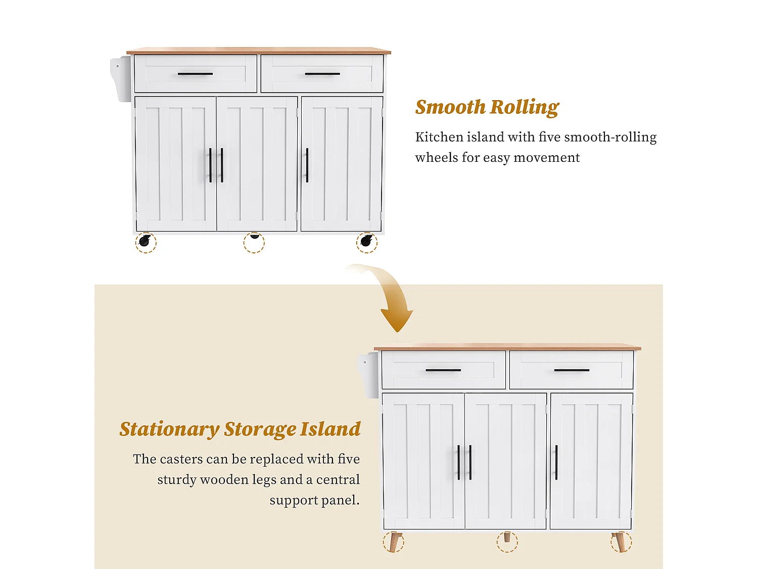 Kitchen island with 2 drawers - Extendable top - Casters or solid wood legs - White