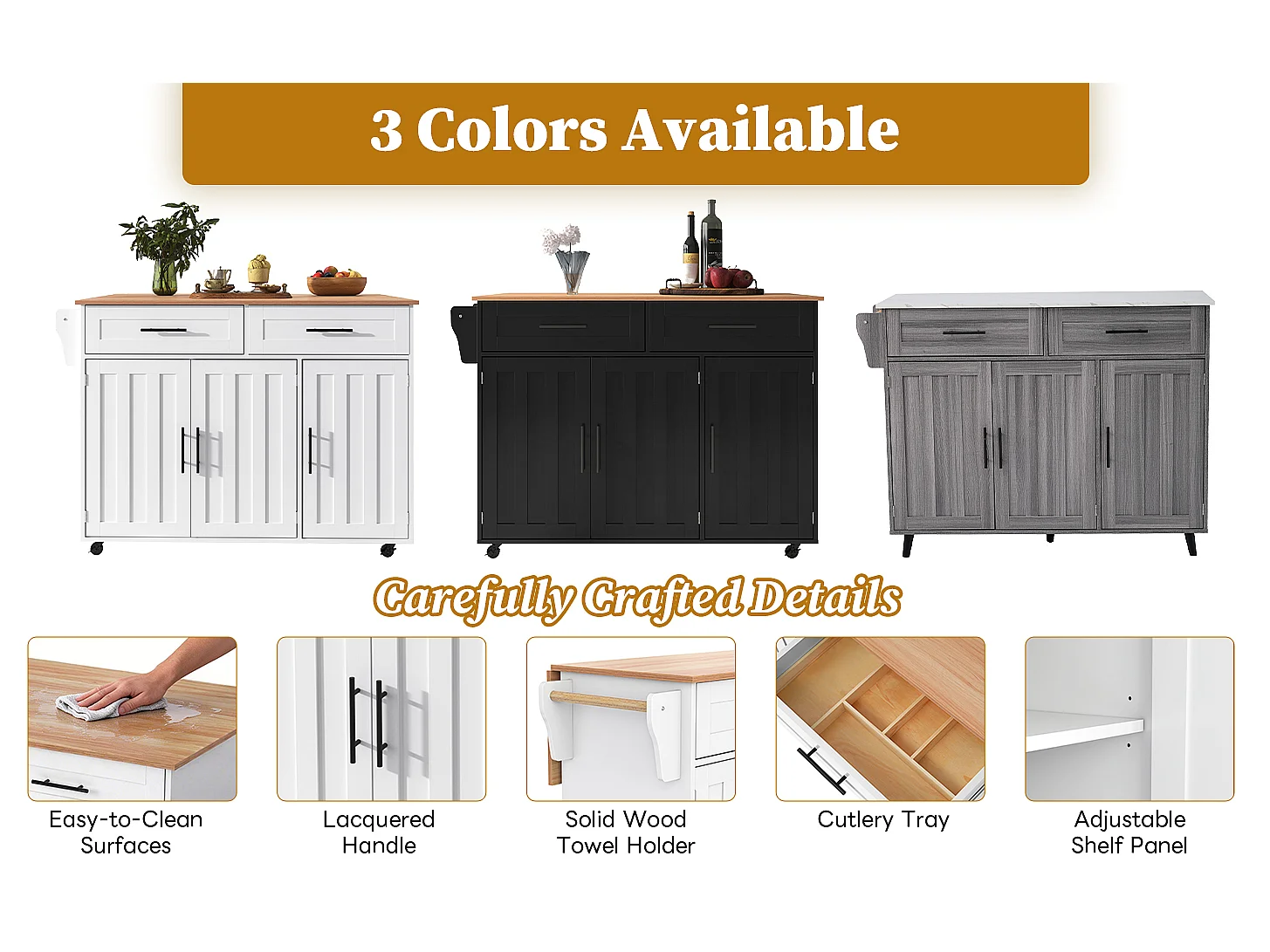 Kitchen island with 2 drawers - Extendable top - Casters or solid wood legs - White