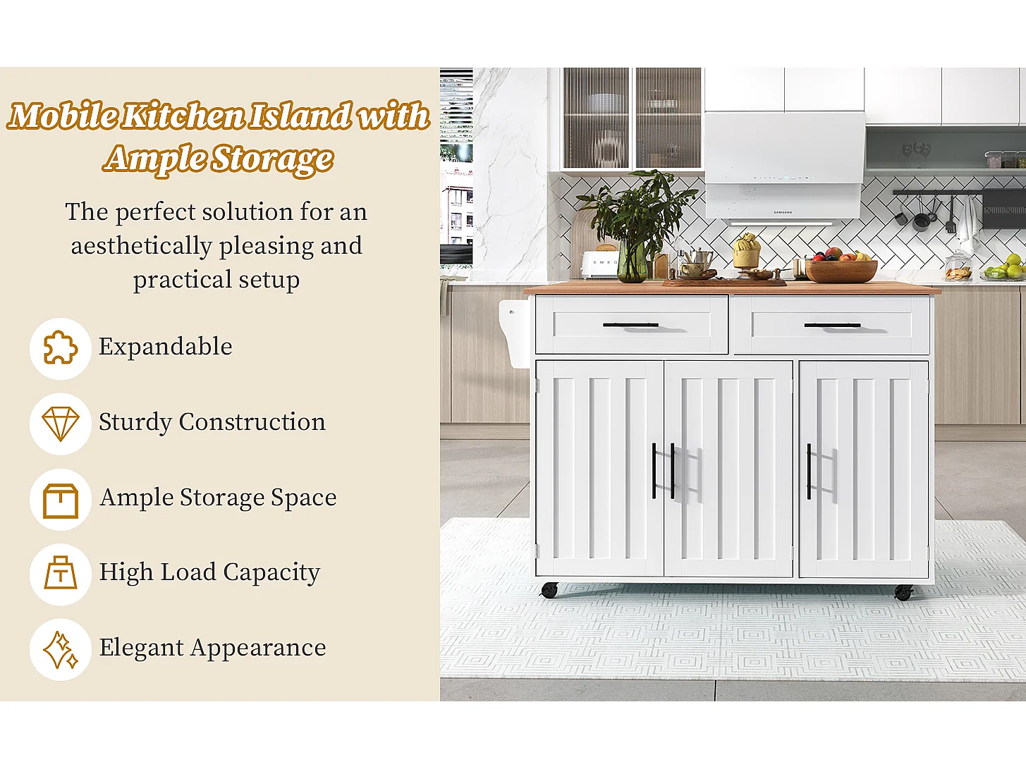 Kitchen island with 2 drawers - Extendable top - Casters or solid wood legs - White