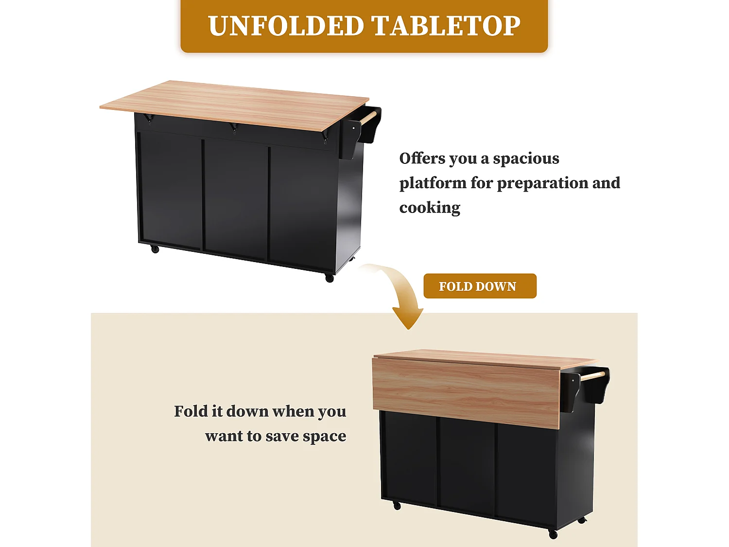 Kitchen island with 2 drawers - Extendable top - Casters or solid wood legs - Black