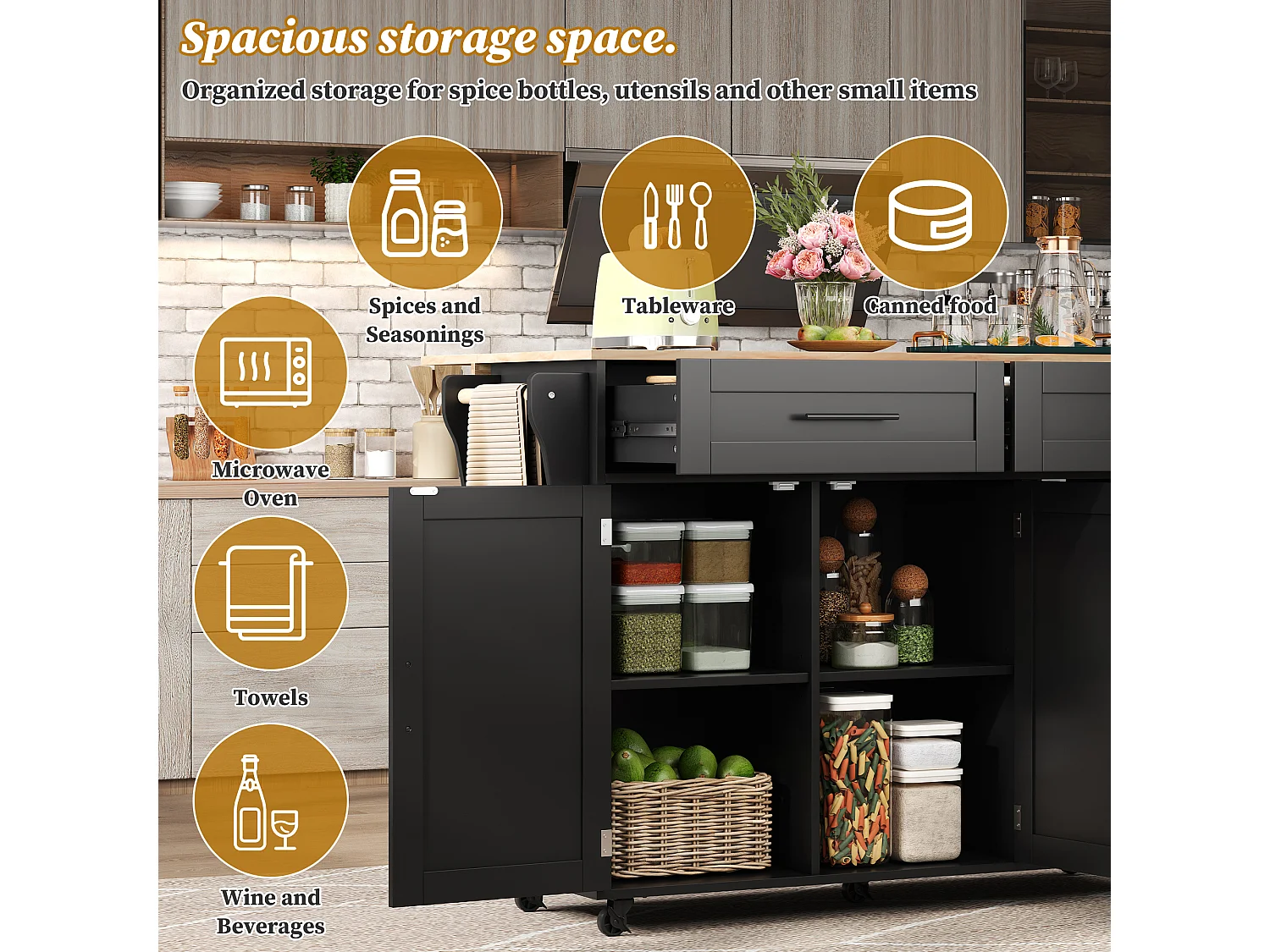 Kitchen island with 2 drawers - Extendable top - Casters or solid wood legs - Black