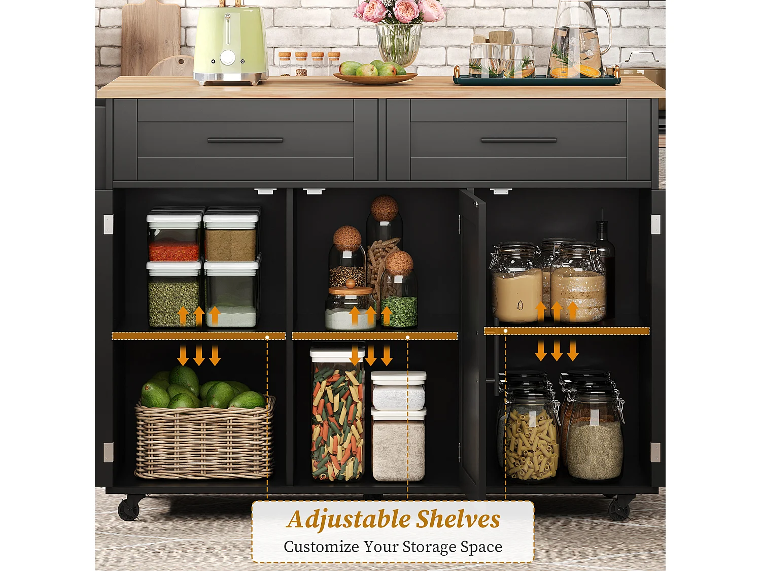 Kitchen island with 2 drawers - Extendable top - Casters or solid wood legs - Black