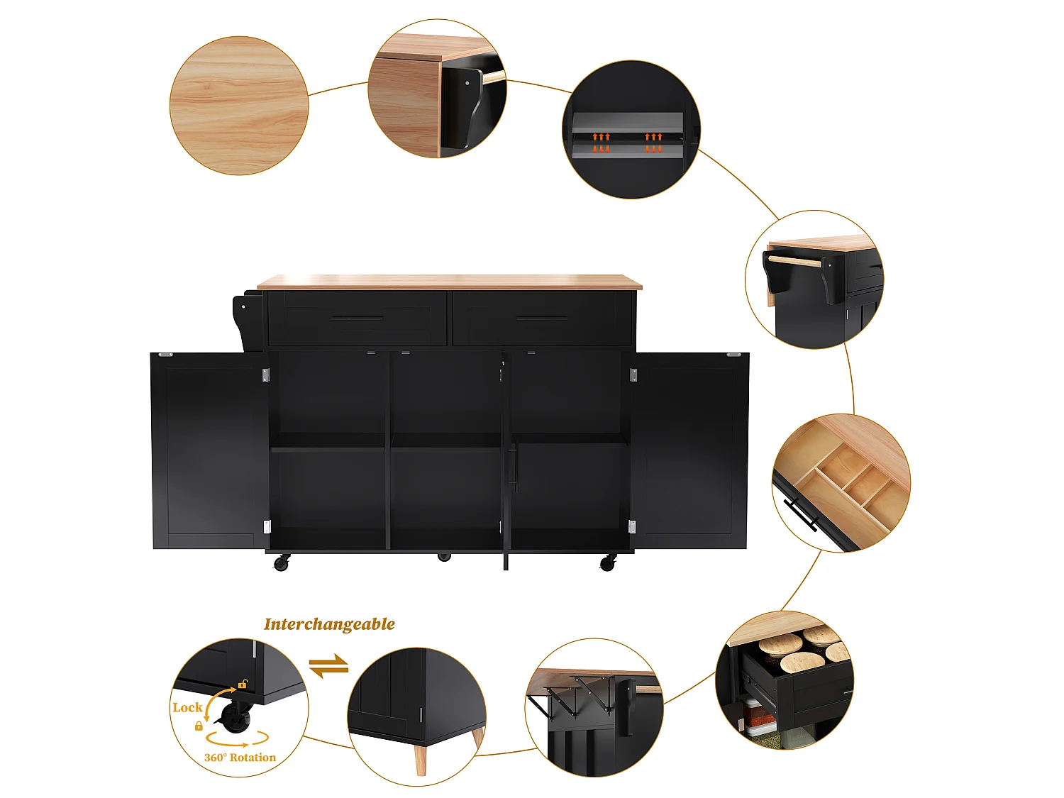 Kitchen island with 2 drawers - Extendable top - Casters or solid wood legs - Black