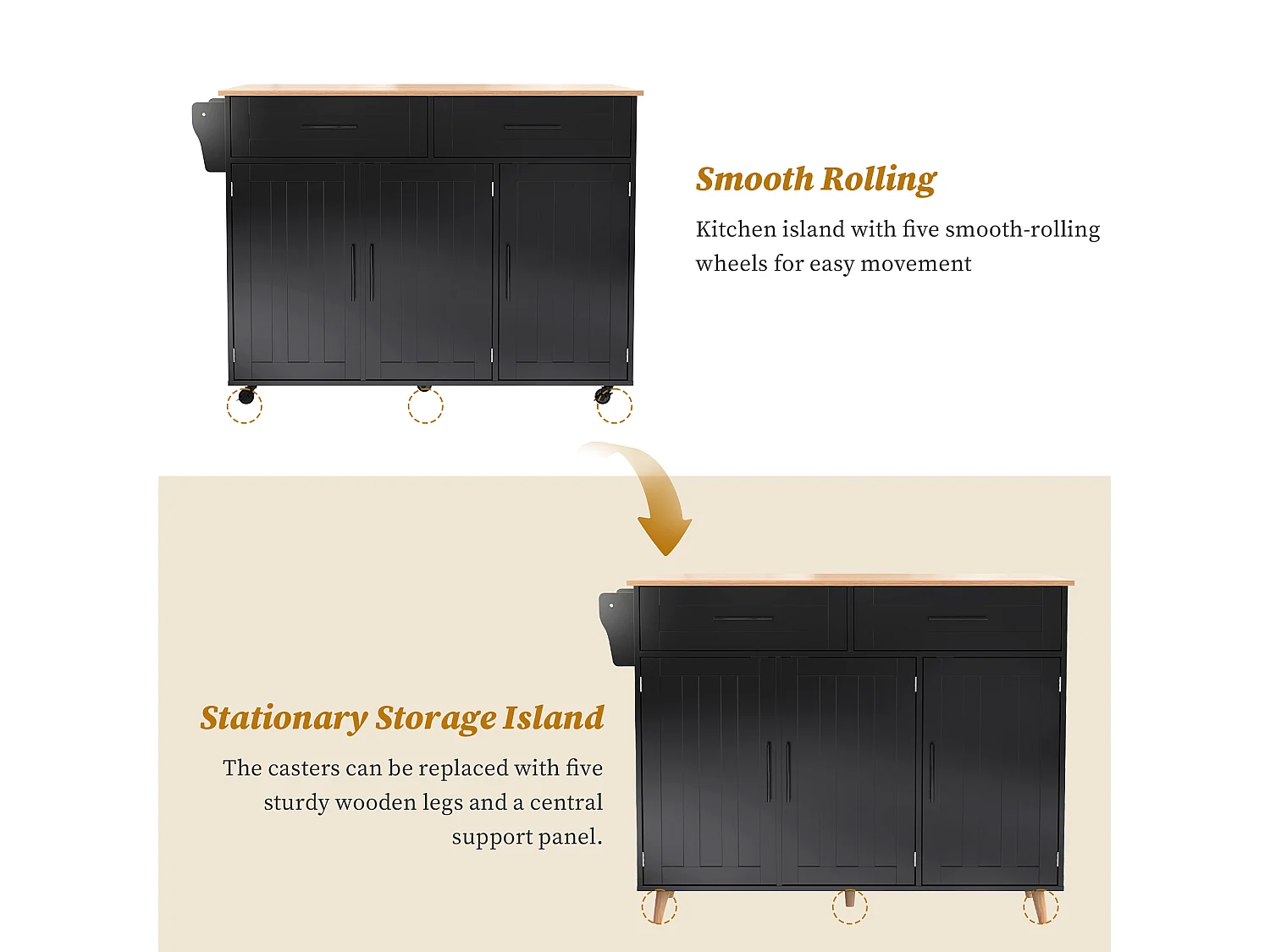 Kitchen island with 2 drawers - Extendable top - Casters or solid wood legs - Black