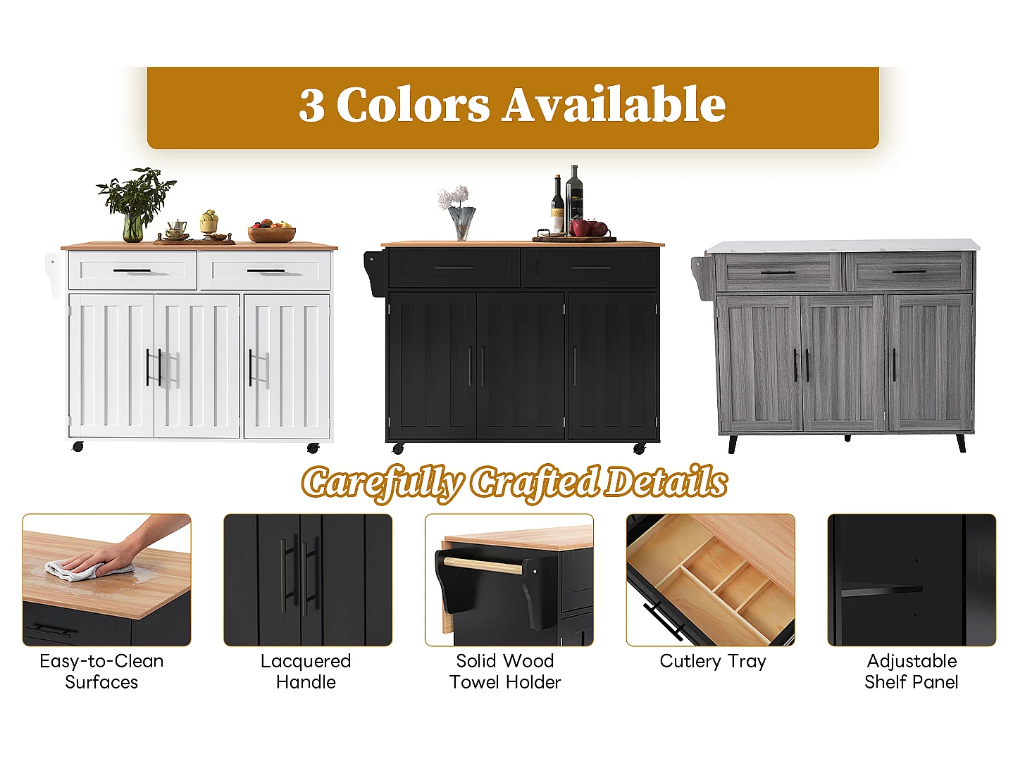 Kitchen island with 2 drawers - Extendable top - Casters or solid wood legs - Black