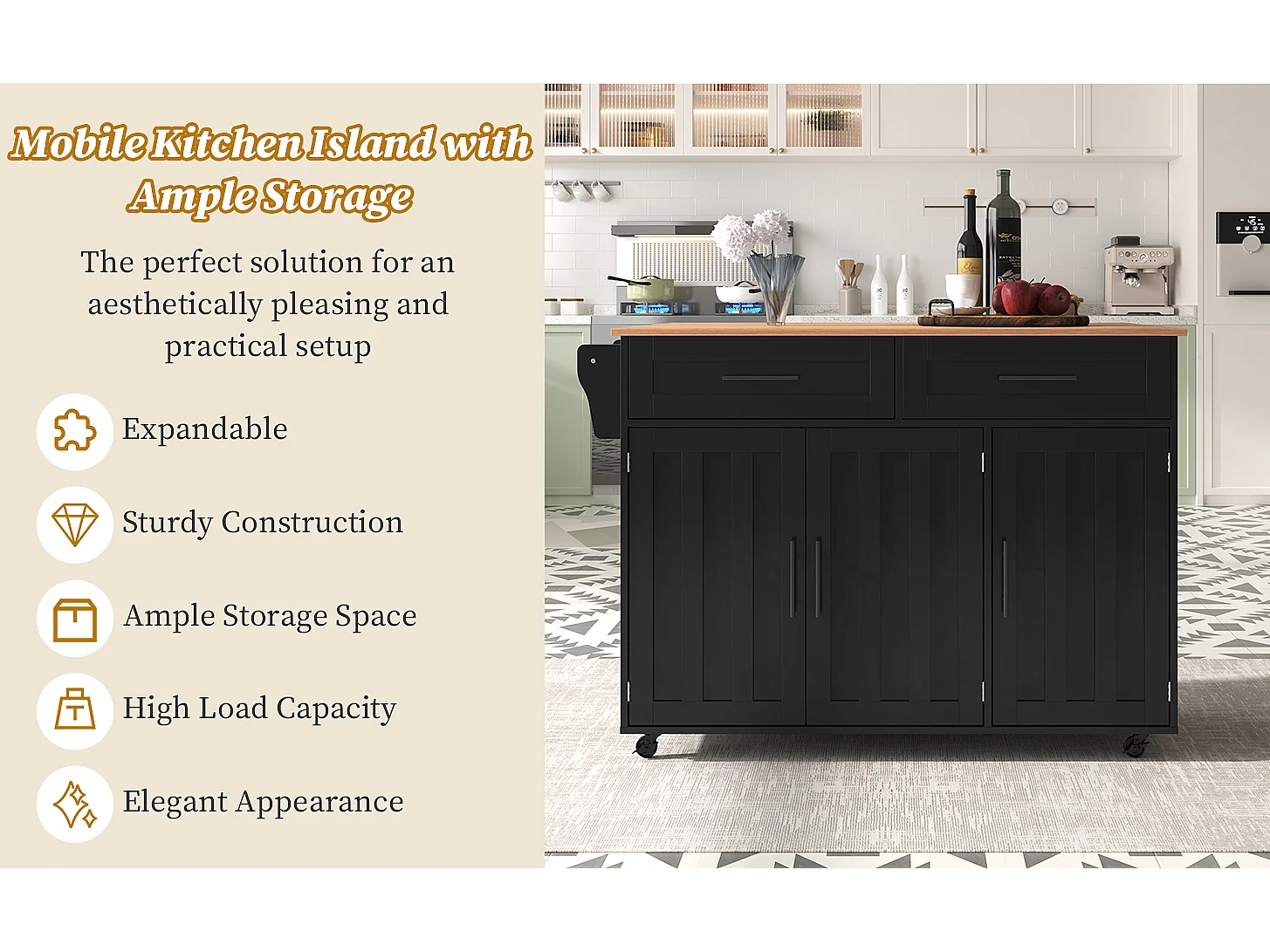 Kitchen island with 2 drawers - Extendable top - Casters or solid wood legs - Black
