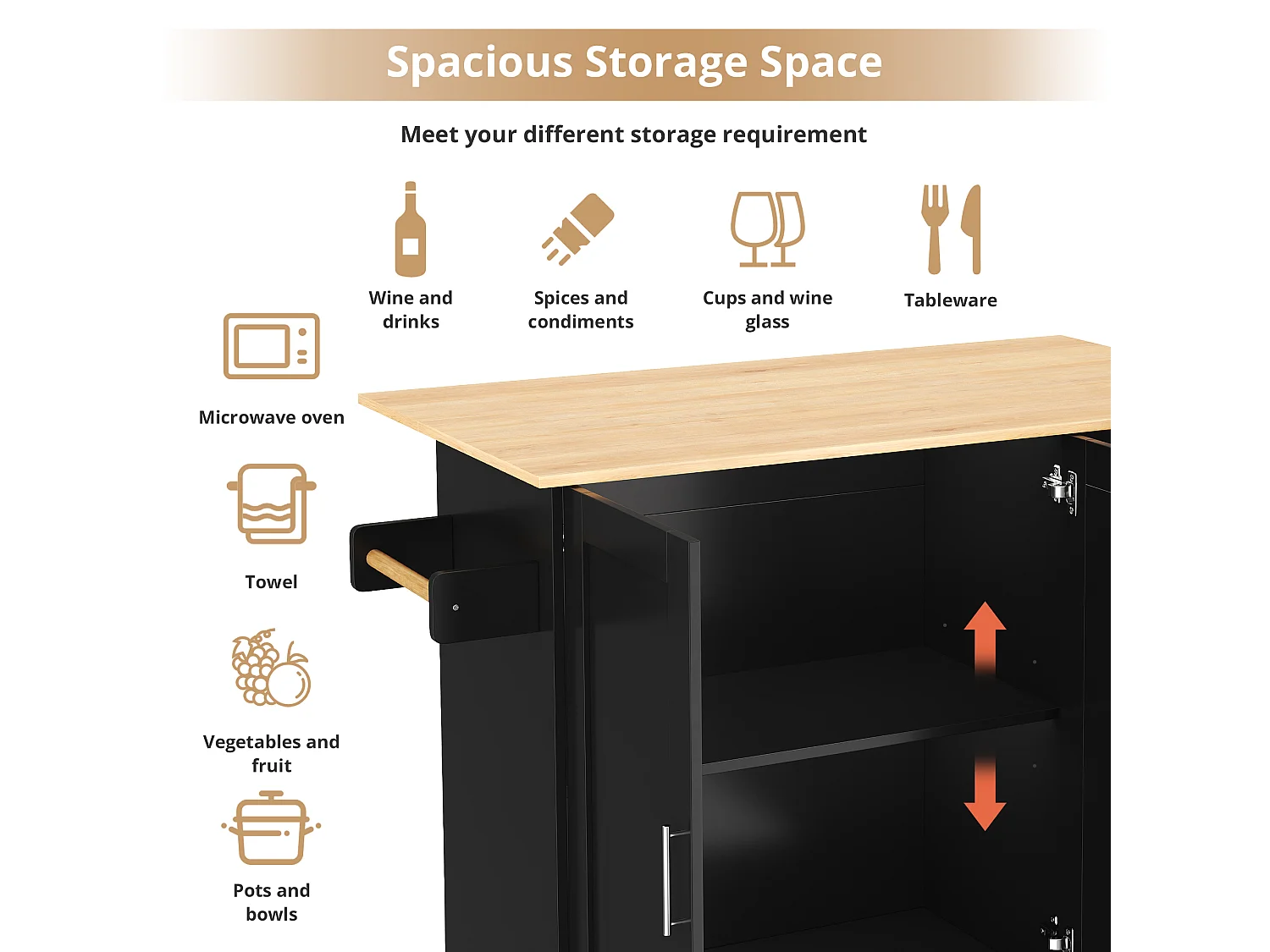 Kitchen island - with folding countertop - 3 drawers and adjustable shelves - Black