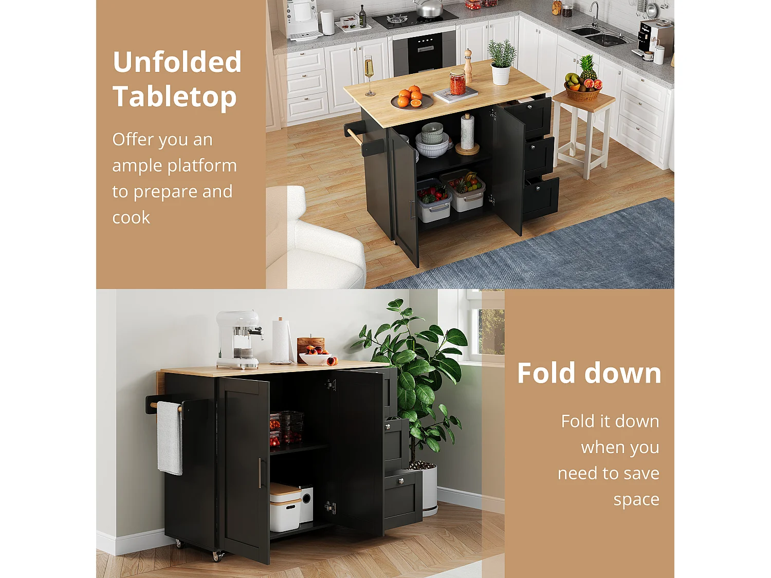 Kitchen island - with folding countertop - 3 drawers and adjustable shelves - Black
