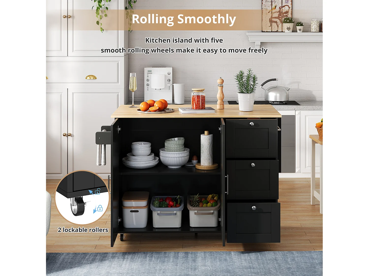 Kitchen island - with folding countertop - 3 drawers and adjustable shelves - Black