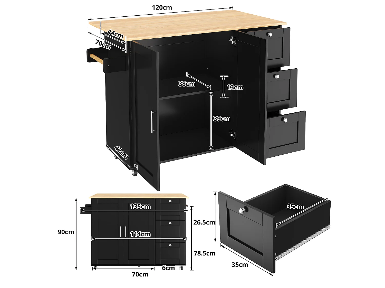Kitchen island - with folding countertop - 3 drawers and adjustable shelves - Black