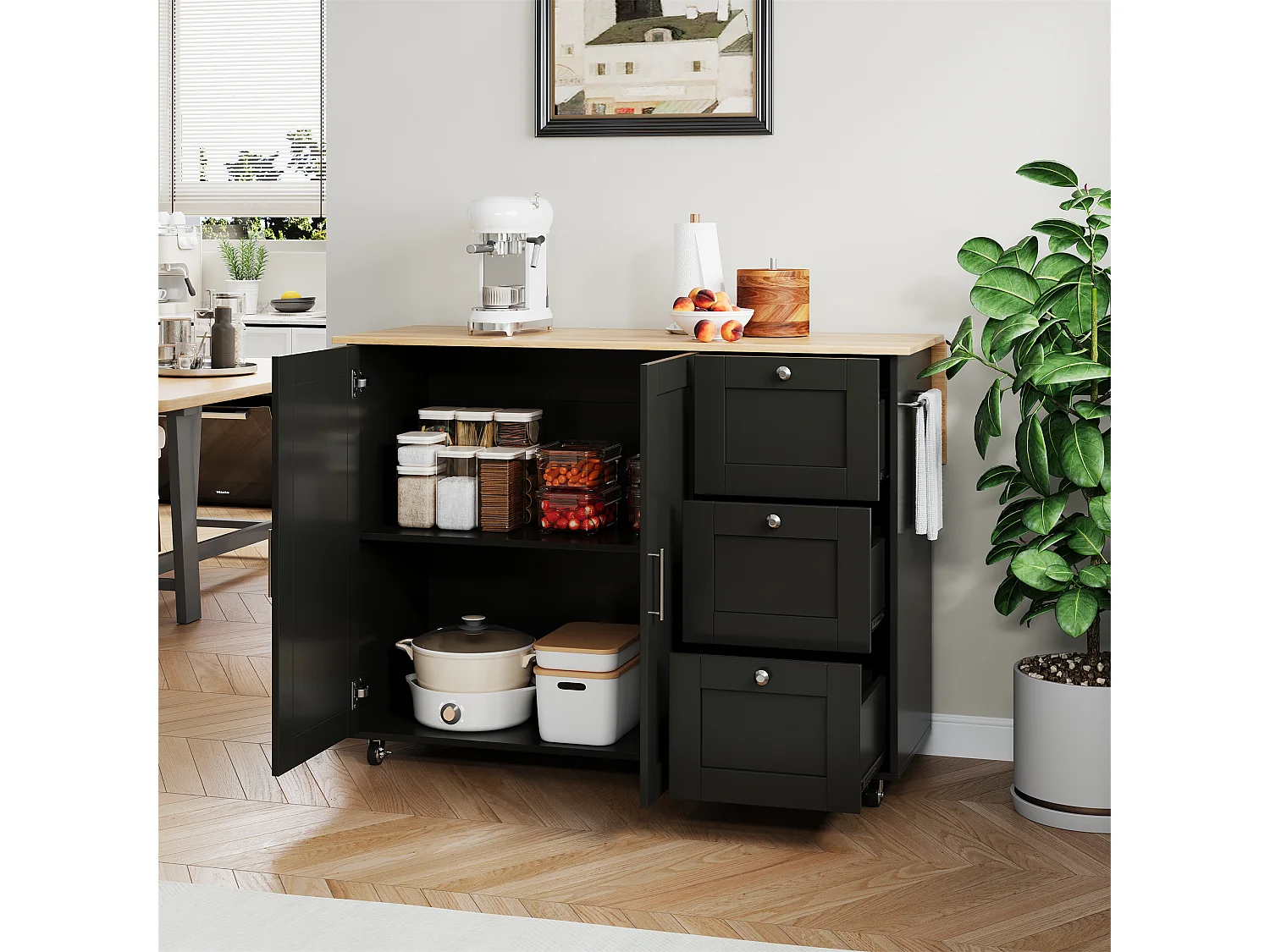 Kitchen island - with folding countertop - 3 drawers and adjustable shelves - Black