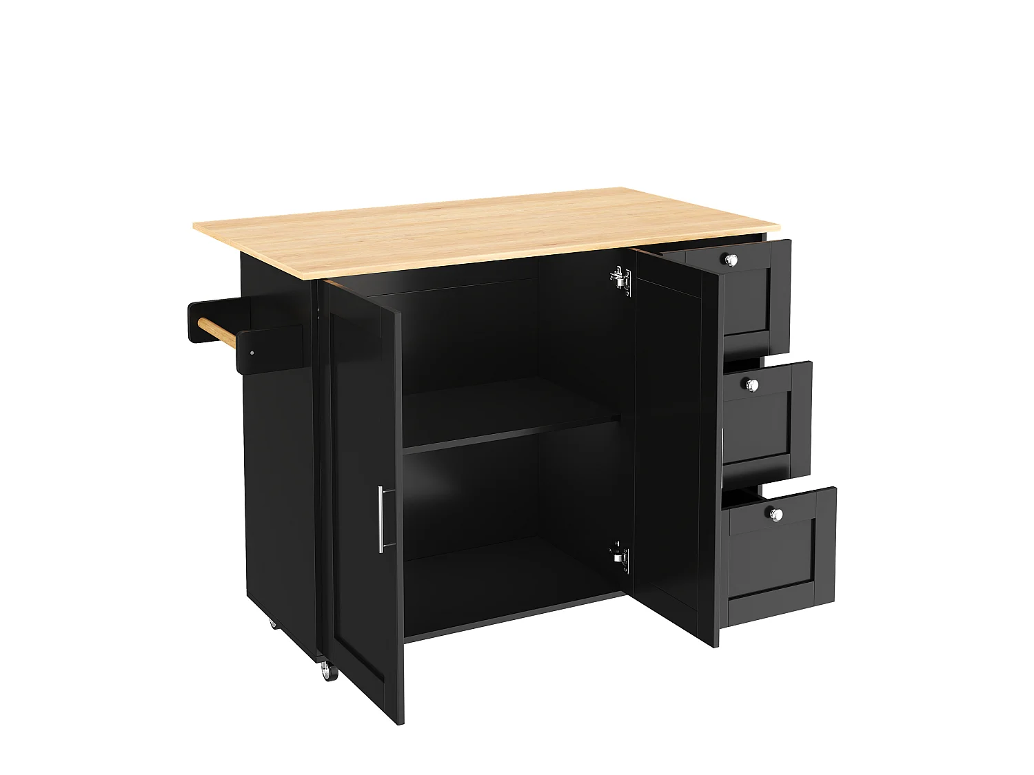Kitchen island - with folding countertop - 3 drawers and adjustable shelves - Black