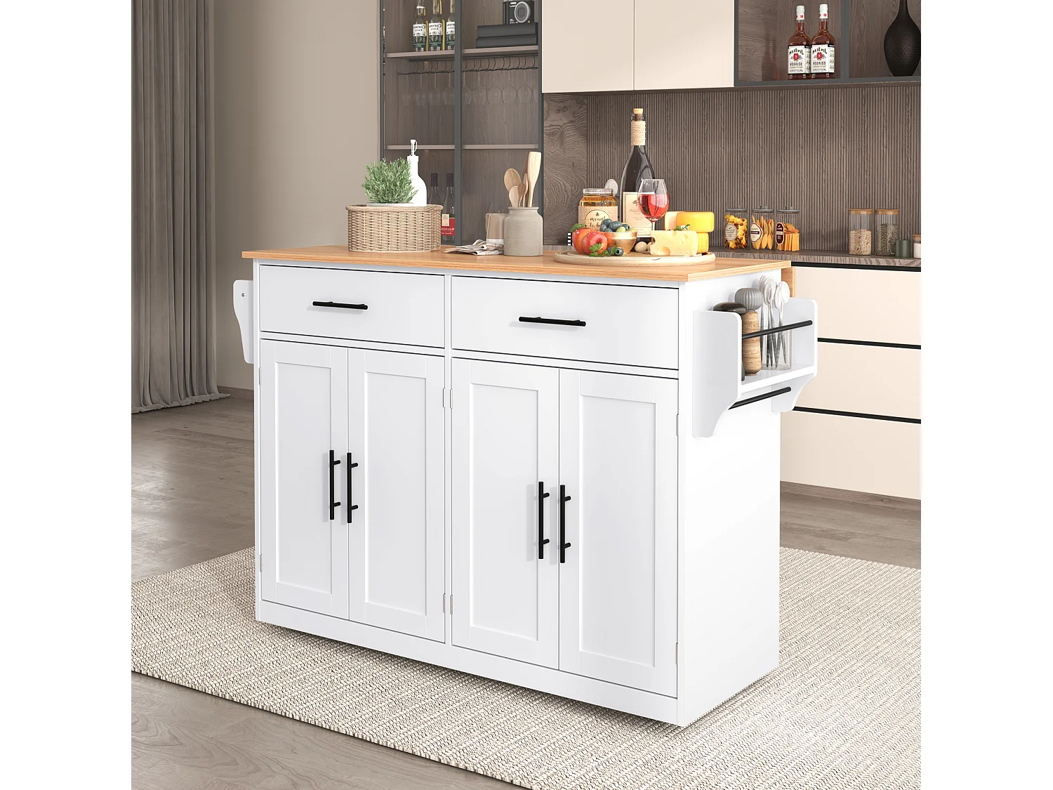 Kitchen island - 2 drawers and 4 compartments - casters or wooden legs - White