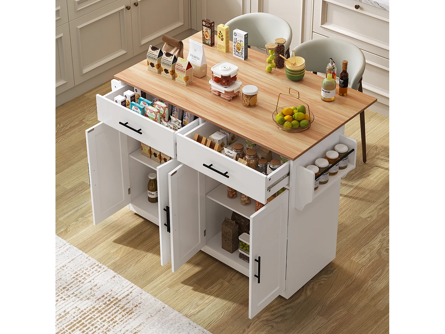 Kitchen island - 2 drawers and 4 compartments - casters or wooden legs - White