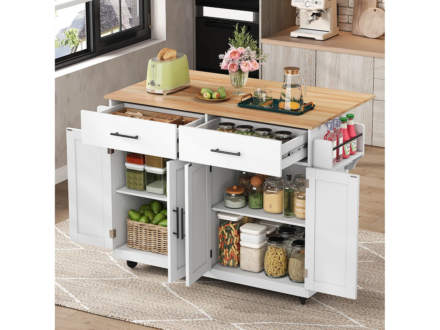 Kitchen island - 2 drawers and 4 compartments - casters or wooden legs - White