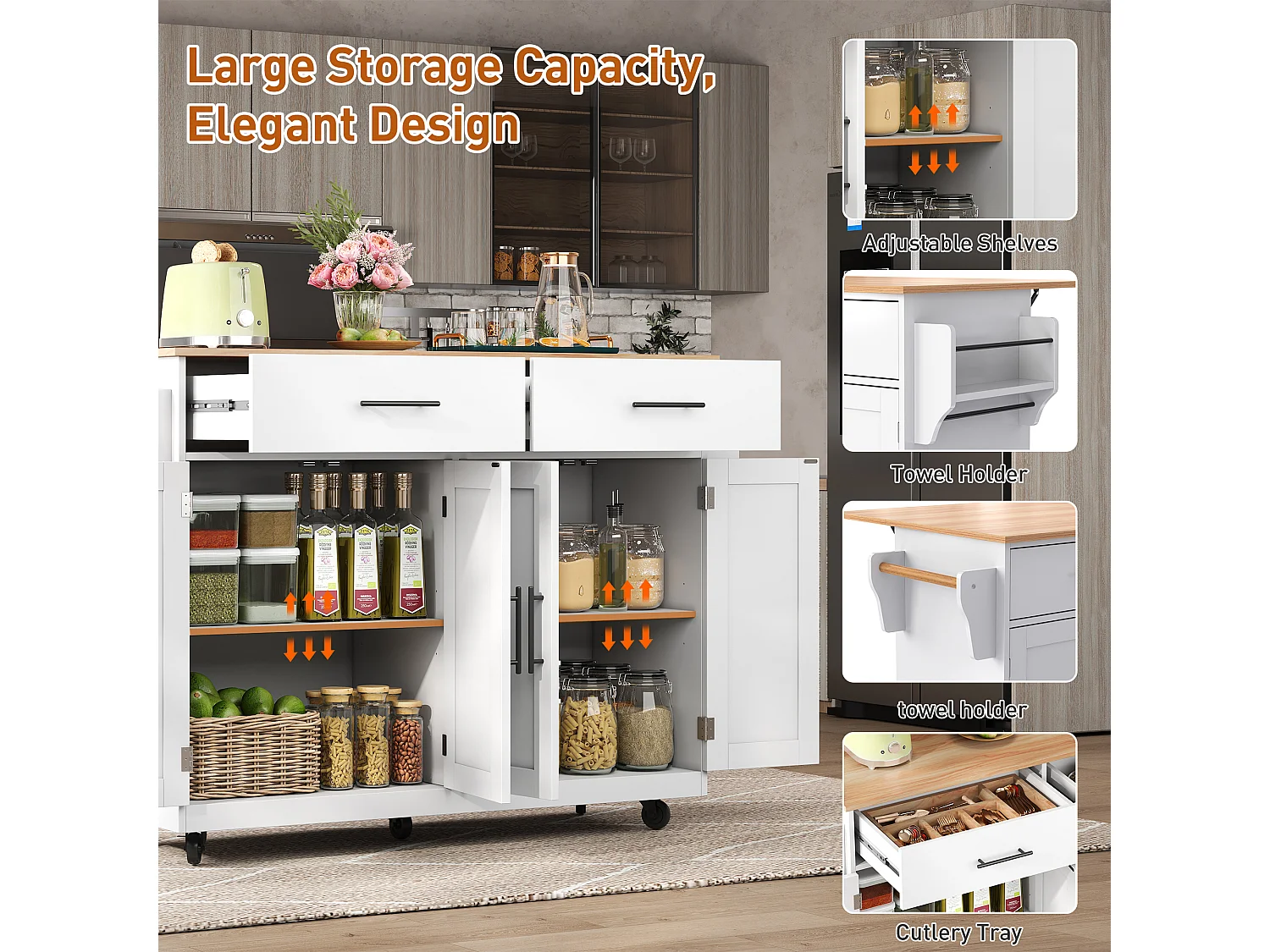 Kitchen island - 2 drawers and 4 compartments - casters or wooden legs - White