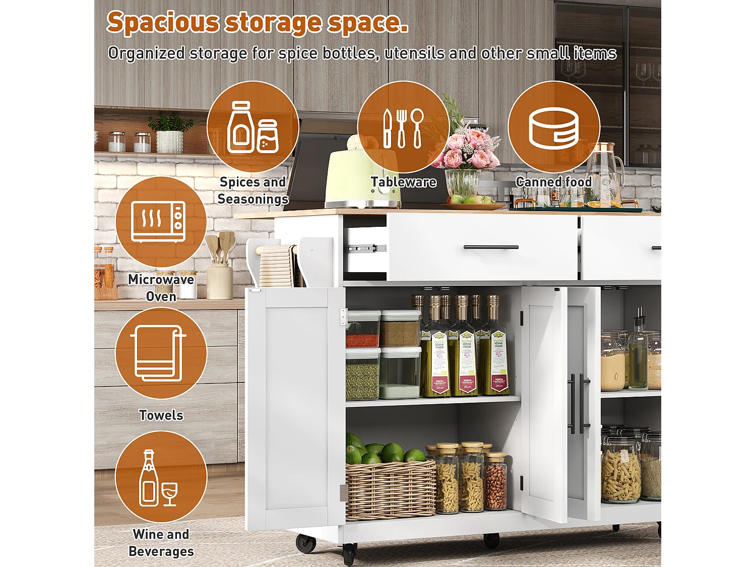 Kitchen island - 2 drawers and 4 compartments - casters or wooden legs - White