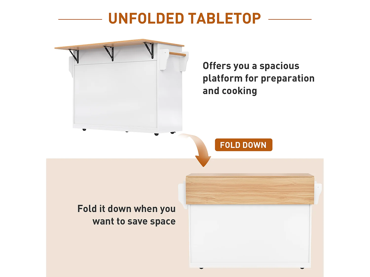 Kitchen island - 2 drawers and 4 compartments - casters or wooden legs - White