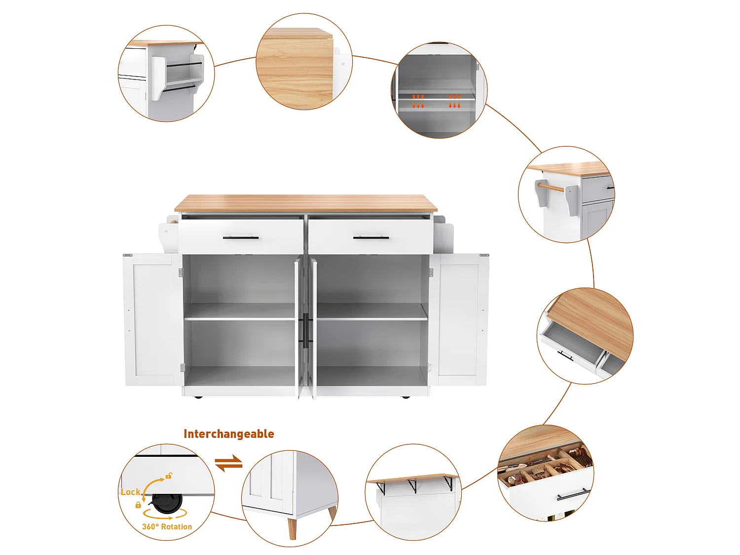 Kitchen island - 2 drawers and 4 compartments - casters or wooden legs - White