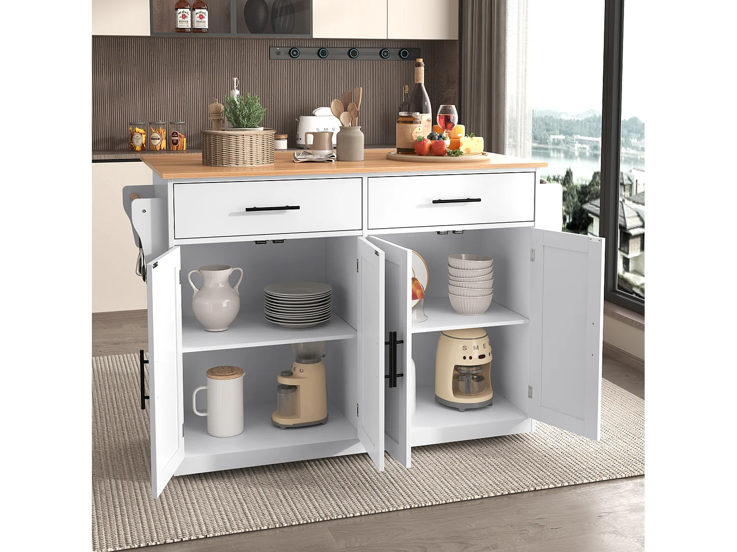 Kitchen island - 2 drawers and 4 compartments - casters or wooden legs - White