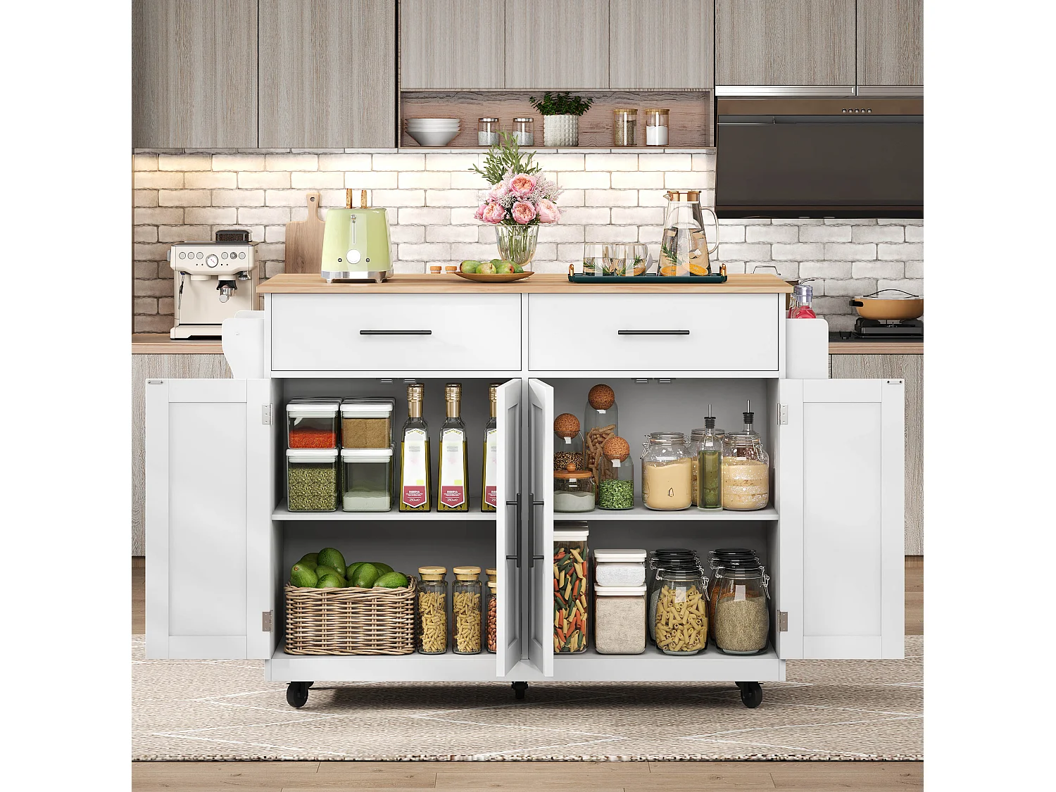 Kitchen island - 2 drawers and 4 compartments - casters or wooden legs - White