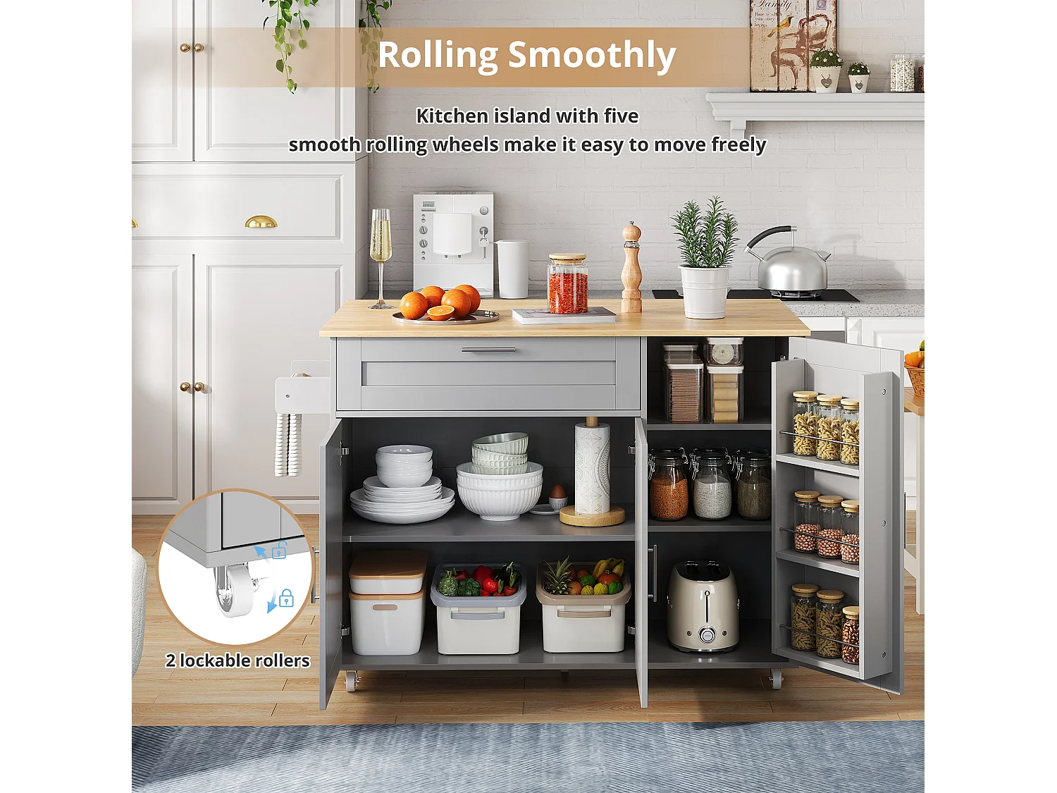 Kitchen island with folding countertop and multiple storage options - Gray