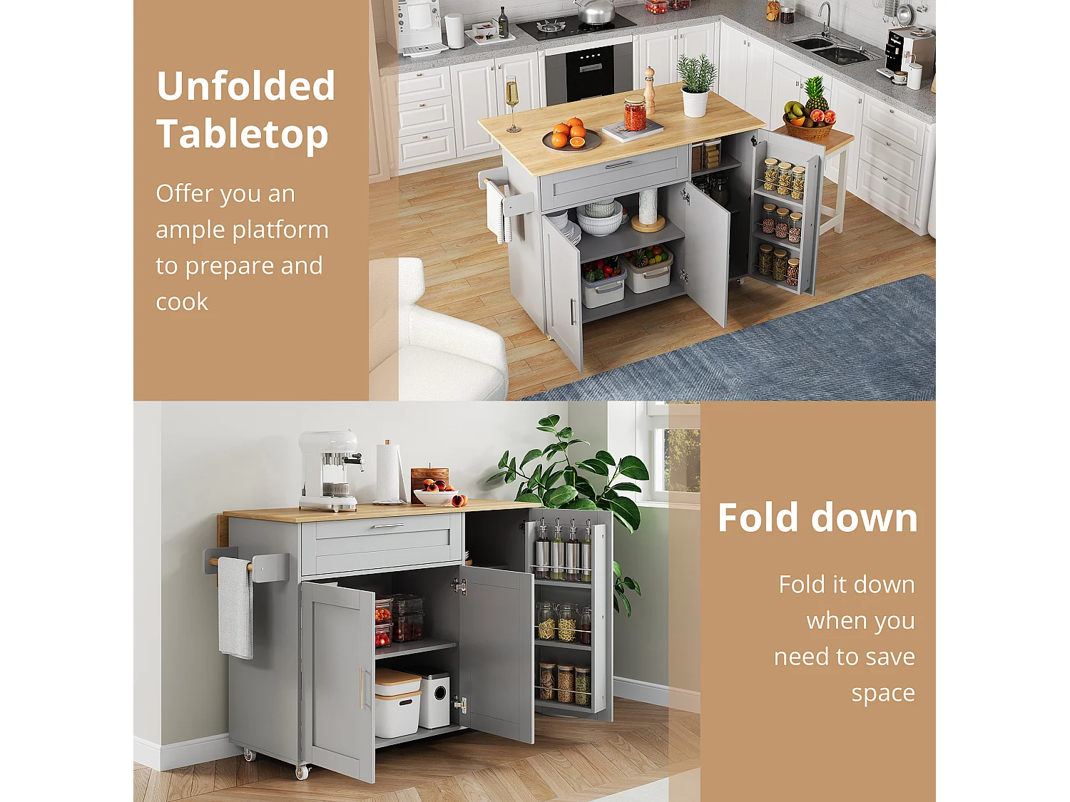Kitchen island with folding countertop and multiple storage options - Gray
