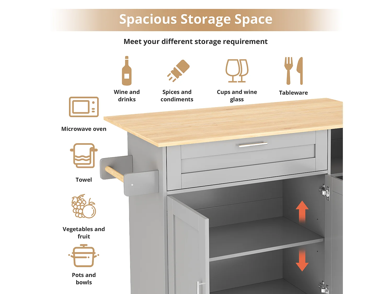 Kitchen island with folding countertop and multiple storage options - Gray