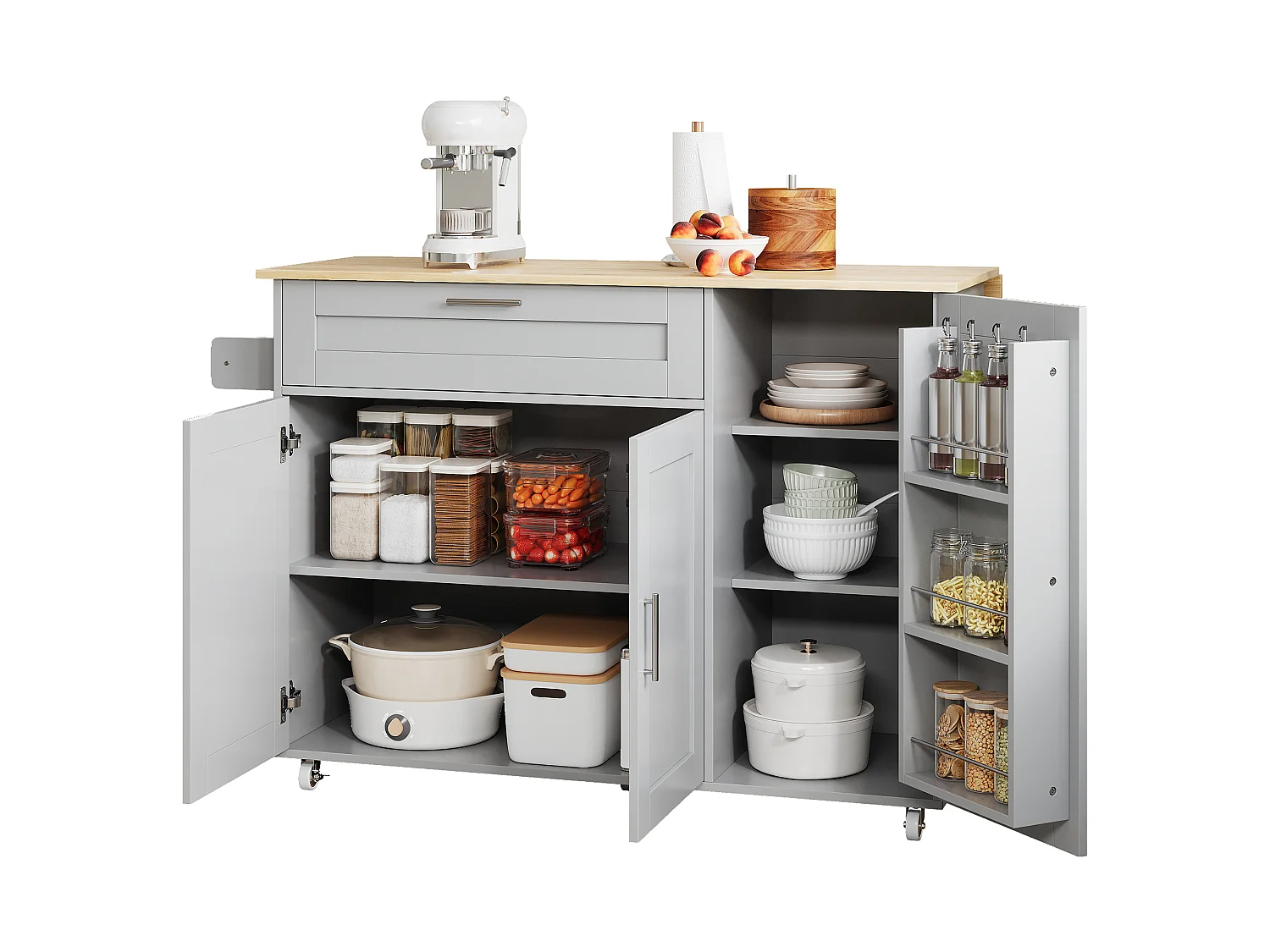 Kitchen island with folding countertop and multiple storage options - Gray