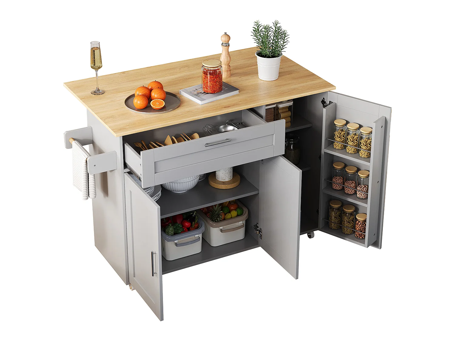 Kitchen island with folding countertop and multiple storage options - Gray