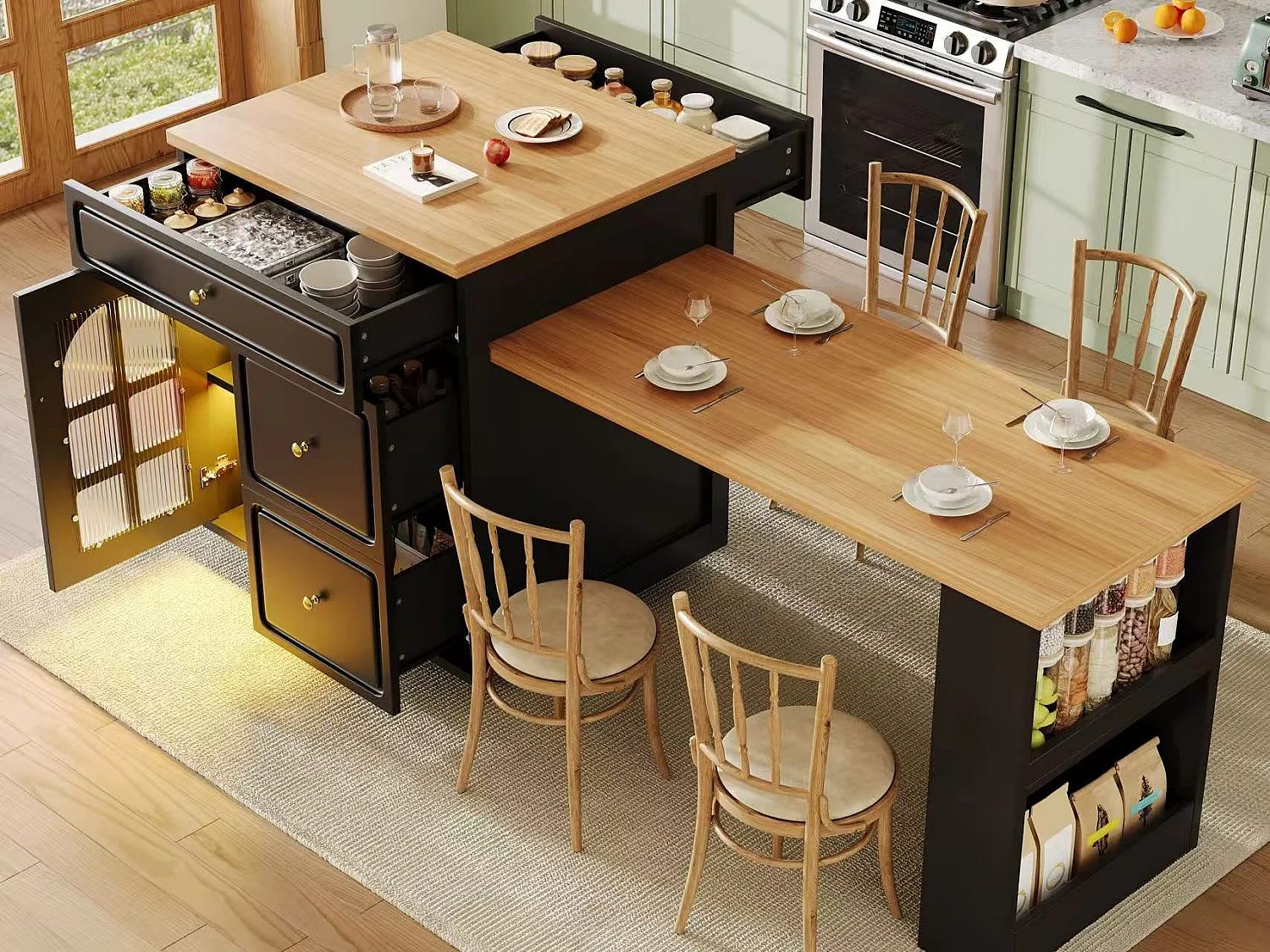 Îlot Central de Cuisine Extensible 122.5-195.5cm - Table de Bar avec Tiroirs, Vitrine en Verre, Éclairage LED et Détails Dorés - Noir