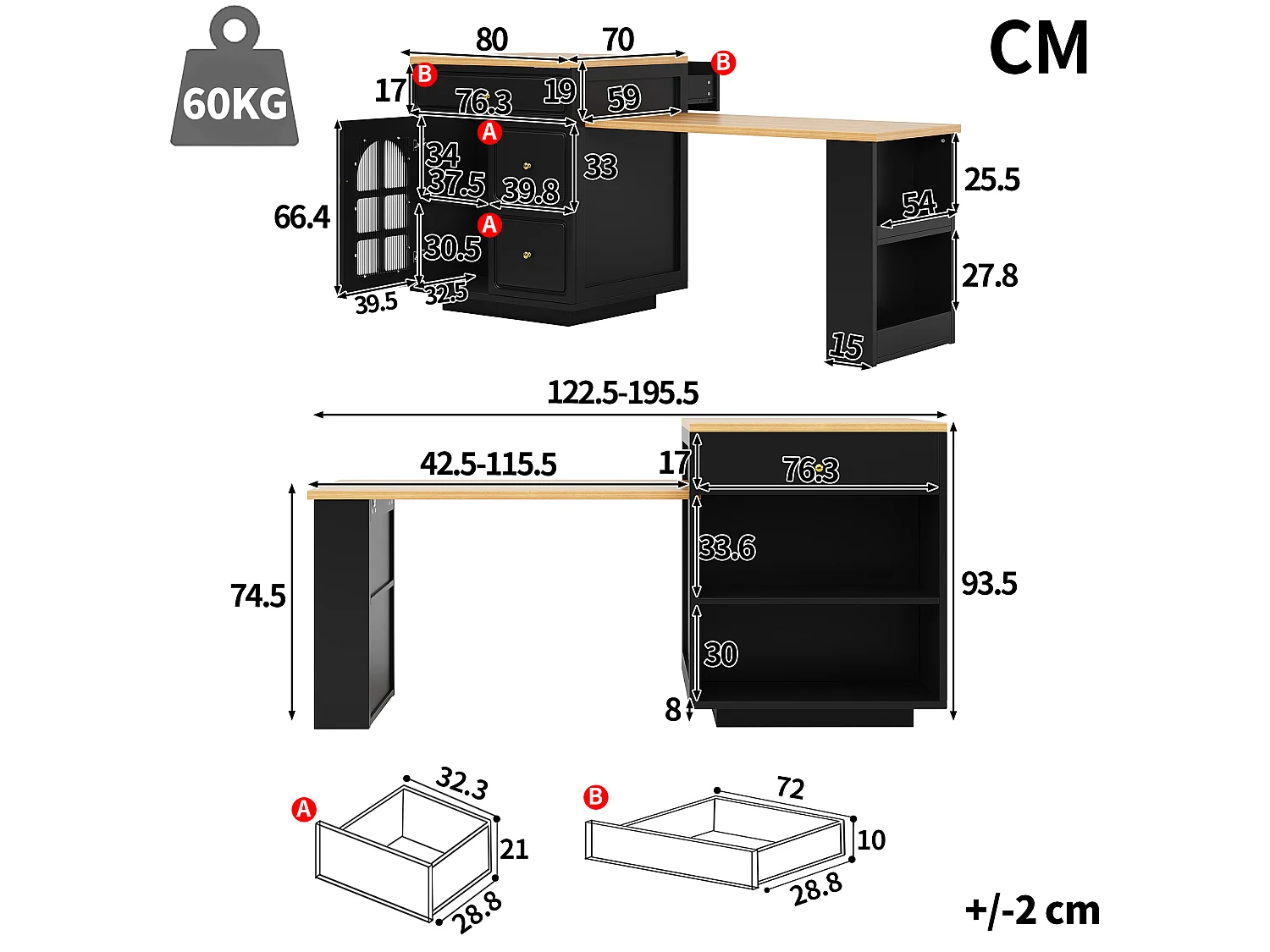 Îlot Central de Cuisine Extensible 122.5-195.5cm - Table de Bar avec Tiroirs, Vitrine en Verre, Éclairage LED et Détails Dorés - Noir