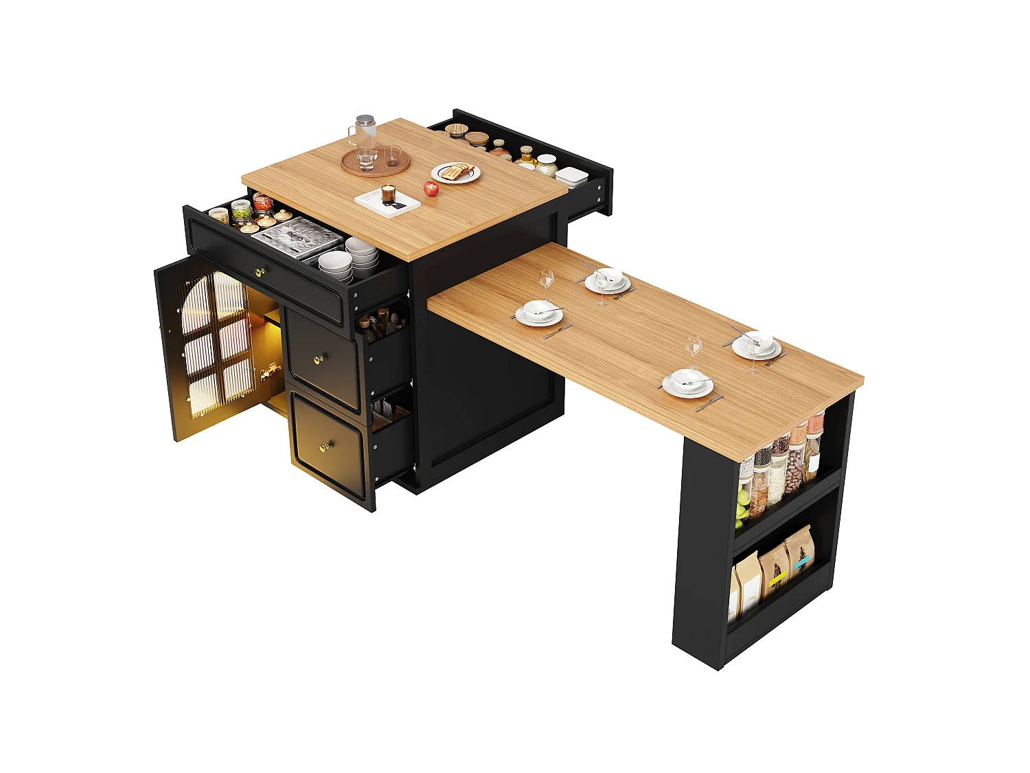 Îlot Central de Cuisine Extensible 122.5-195.5cm - Table de Bar avec Tiroirs, Vitrine en Verre, Éclairage LED et Détails Dorés - Noir