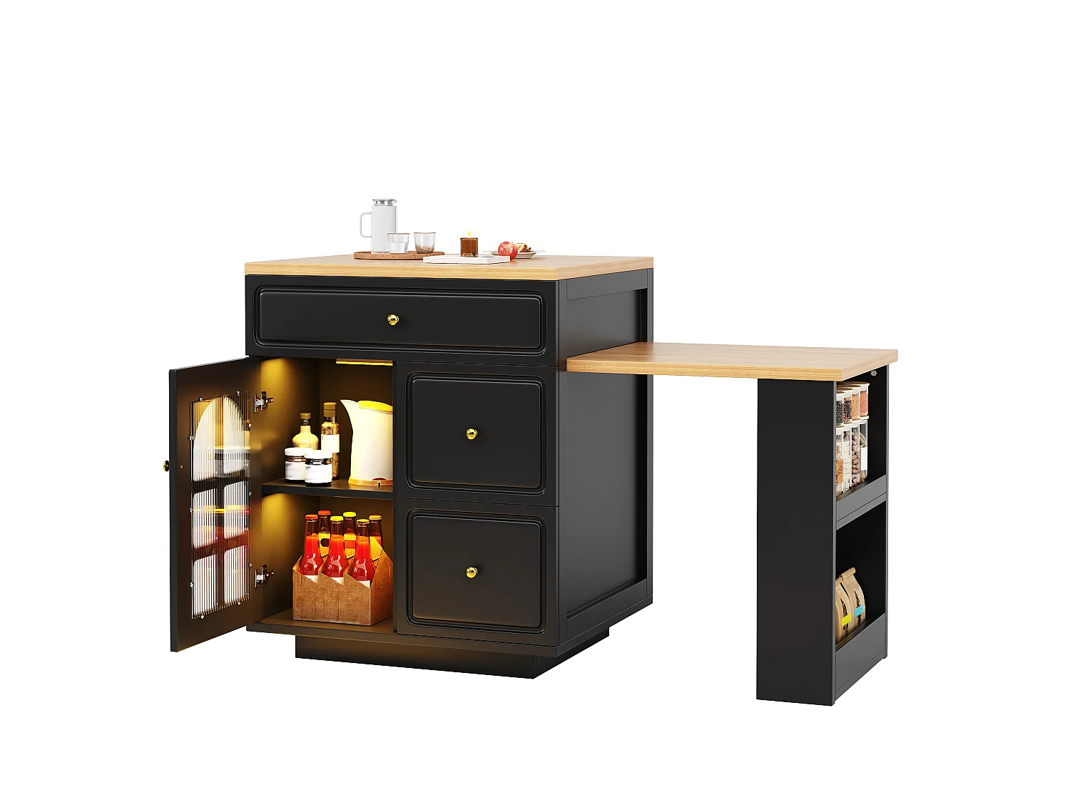Îlot Central de Cuisine Extensible 122.5-195.5cm - Table de Bar avec Tiroirs, Vitrine en Verre, Éclairage LED et Détails Dorés - Noir